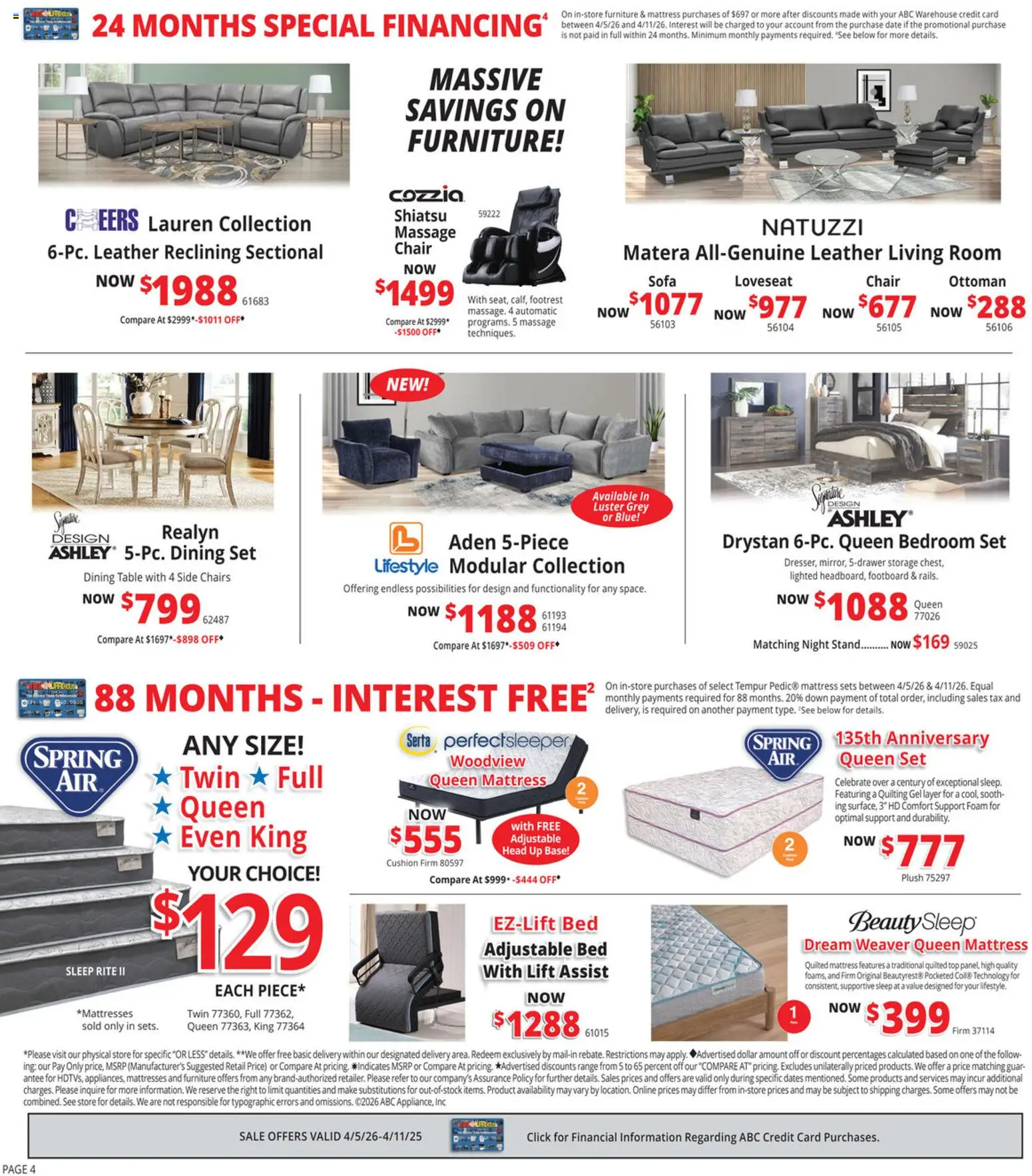 ABC Warehouse Weekly Ad - valid from 05.04.2026 | Page: 4 | Products: Sofa, Chair, Loveseat, Date