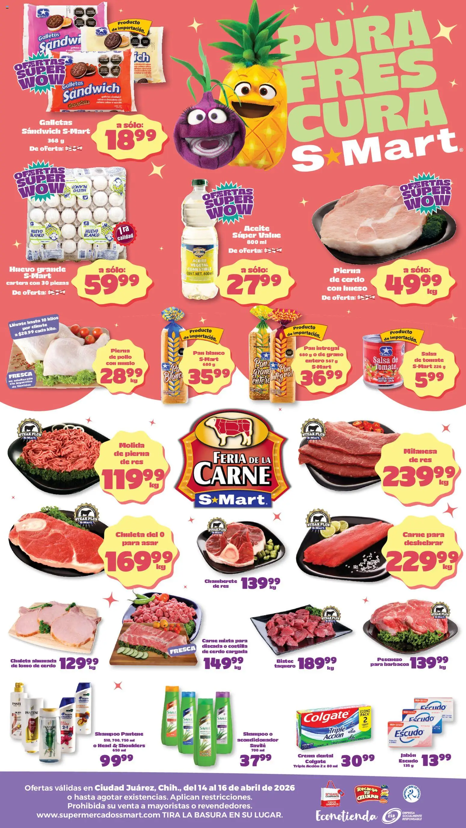 Nuevas ofertas de S-Mart válidas en toda la República Mexicana desde el 14.04.2026. ¡Encuentra las mejores ofertas en S-Mart folleto Juárez! | Página: 2 | Productos: Pollo, Pan, Cerdo, Res