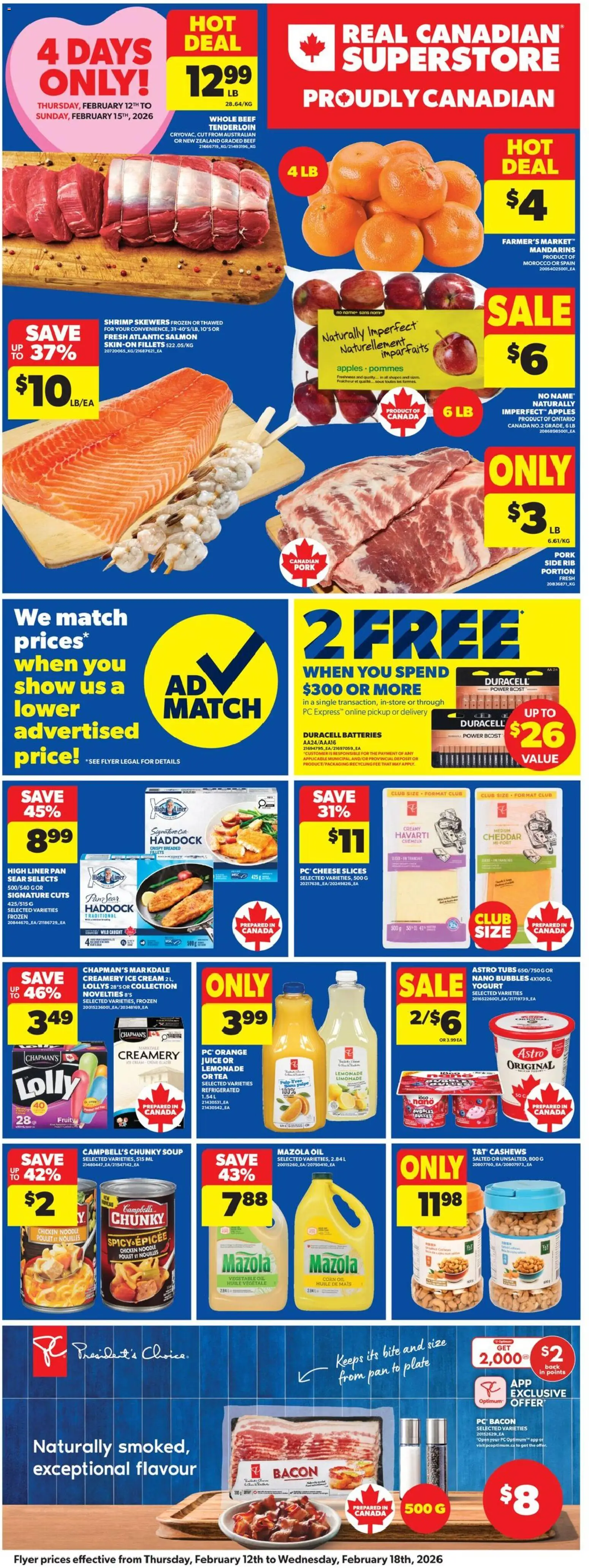 Real Canadian Superstore flyer valid from 12.02.2026 | Page: 3 | Products: Ice cream, Cheese, Juice, Chicken