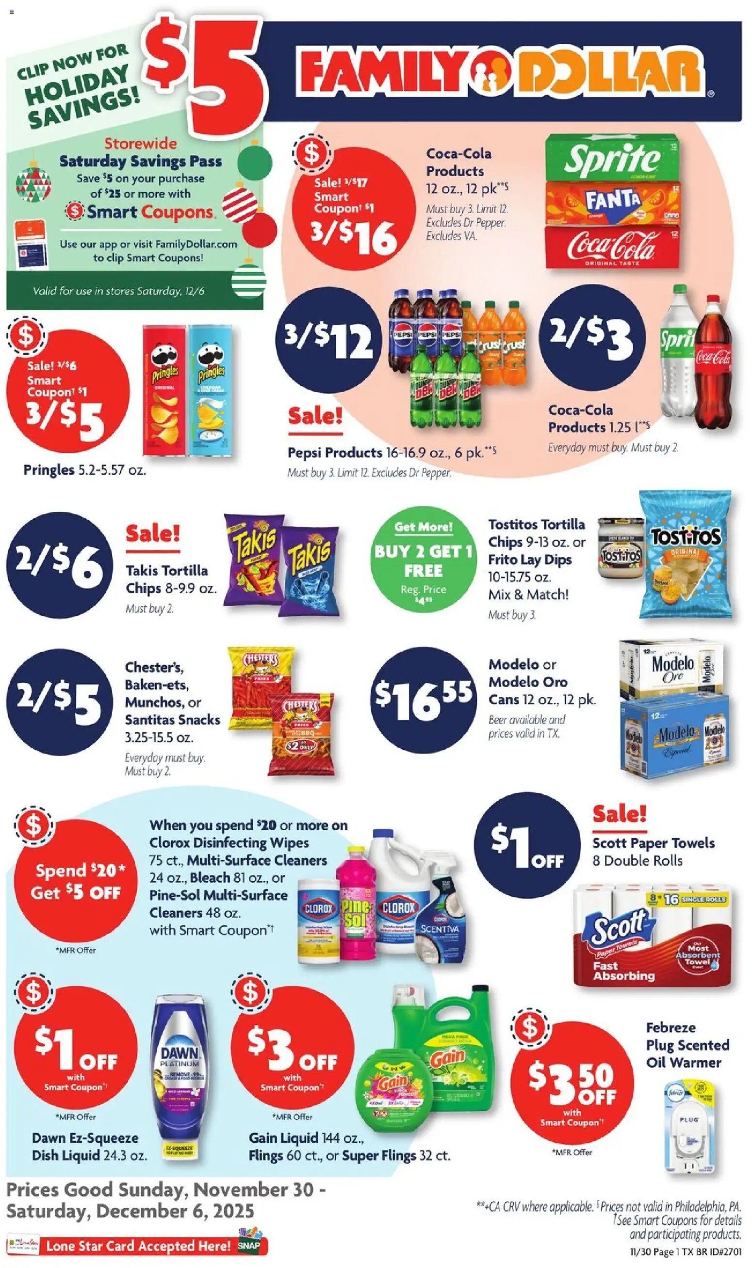Family Dollar Current Ad - TX - valid from 30.11.2025 | Page: 1 | Products: Clip, Oil, Beer, Chips