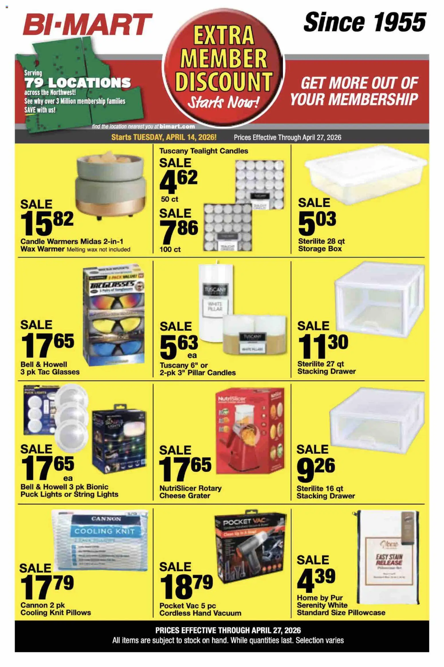 Bi-Mart Extra Member Discount - valid from 14.04.2026 | Page: 1 | Products: Vacuum, Glasses, Pc, Pillowcase