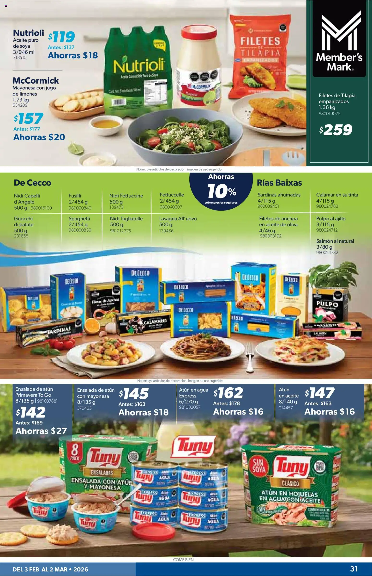 Nuevas ofertas de Sam's Club válidas en toda la República Mexicana desde el 03.02.2026. ¡Encuentra las mejores ofertas en Sam's Club catálogo! | Página: 31 | Productos: Mayonesa, Aceite de oliva, Agua, Hojuelas