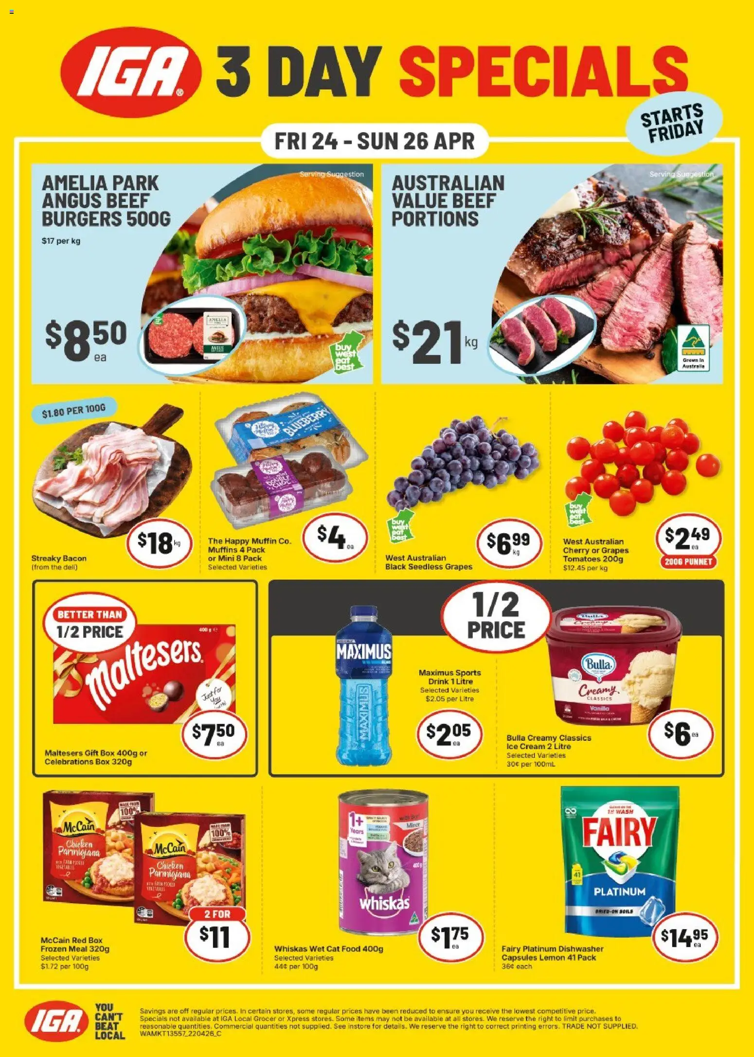 IGA catalogue - valid from 24.04.2026 | Page: 1 | Products: Muffins, Beef, Ice cream, Dishwasher