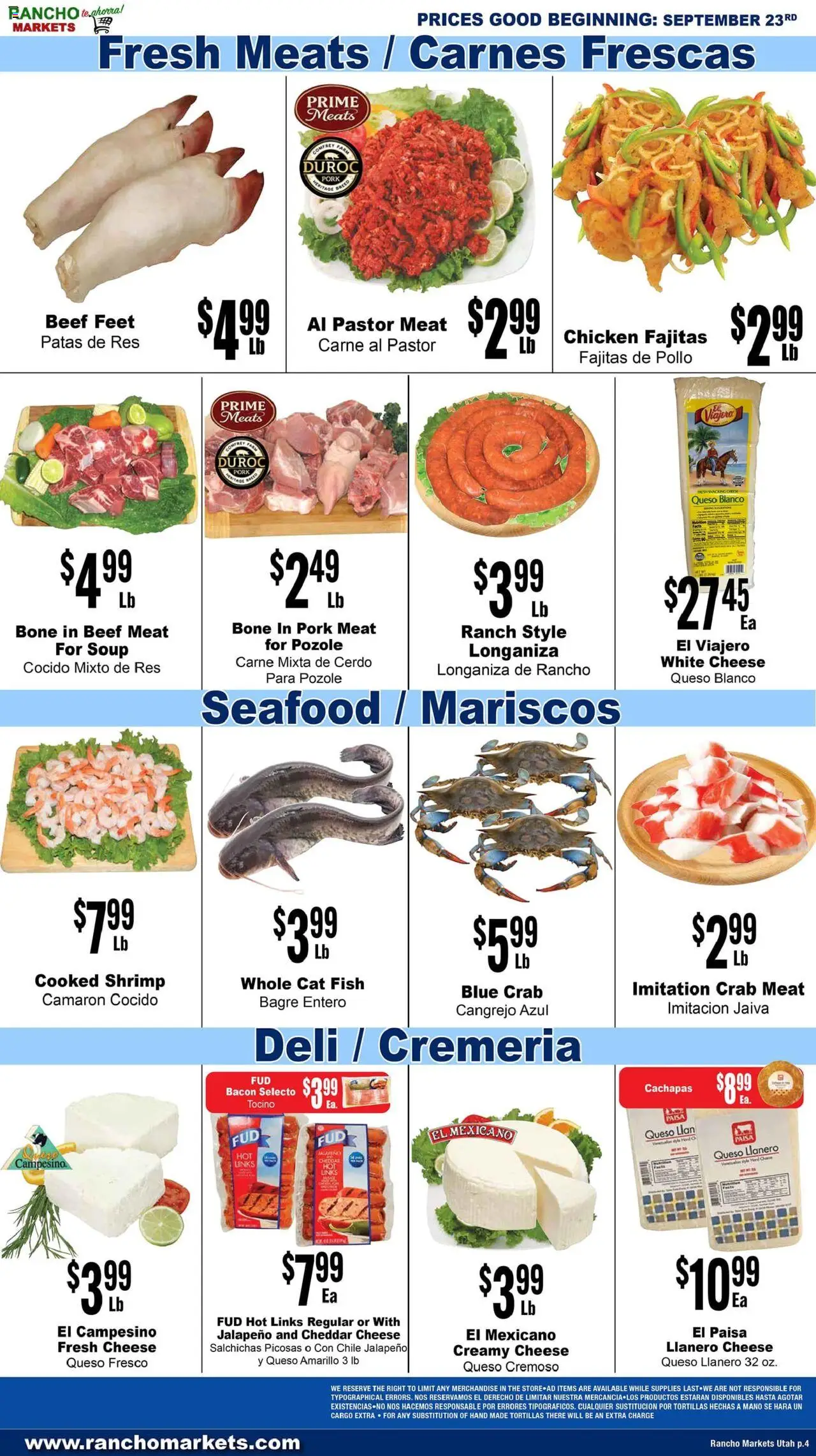 Rancho Markets Weekly Ad - valid from 23.09.2025 | Page: 4 | Products: Cheese, Pork, Beef, Seafood