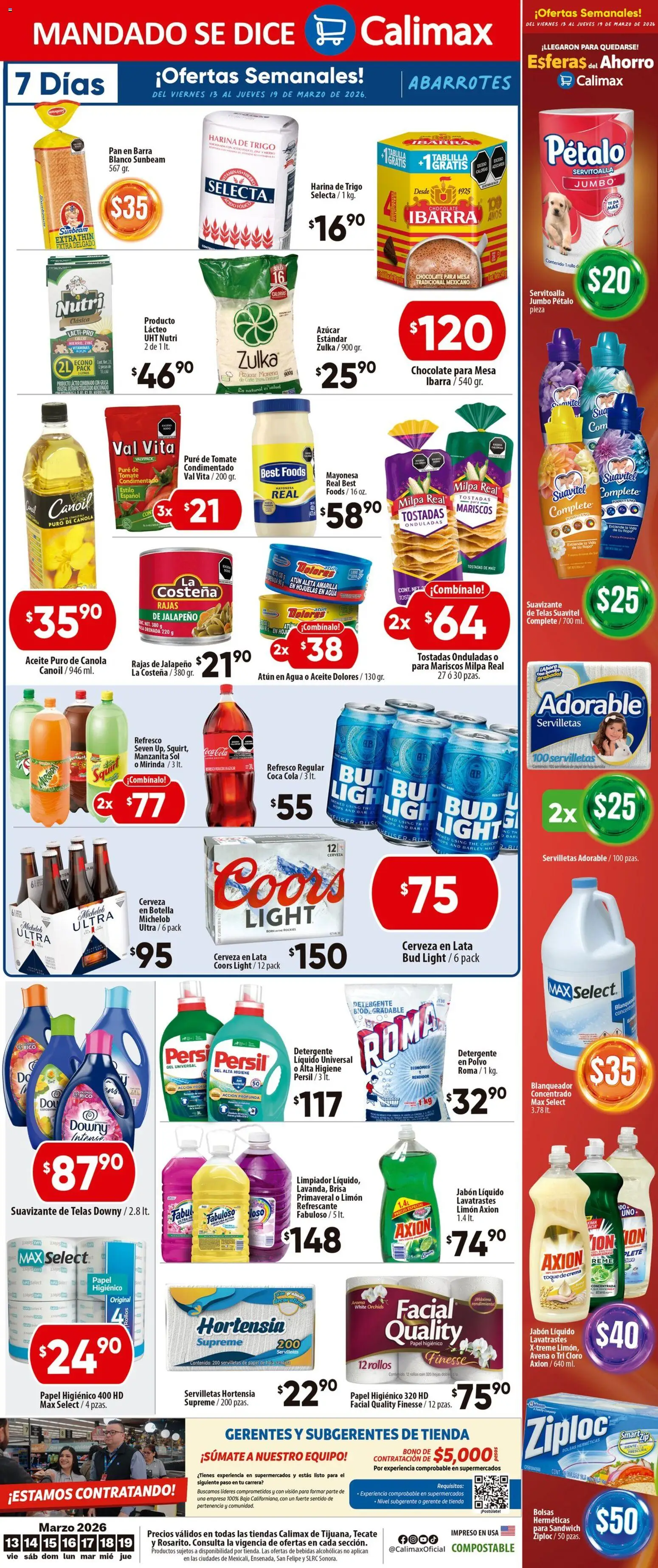 Nuevas ofertas de Calimax válidas en toda la República Mexicana desde el 13.03.2026. ¡Encuentra las mejores ofertas en Calimax folleto Tijuana! | Página: 6 | Productos: Pure de Tomate, Hojuelas, Cloro, Polvo