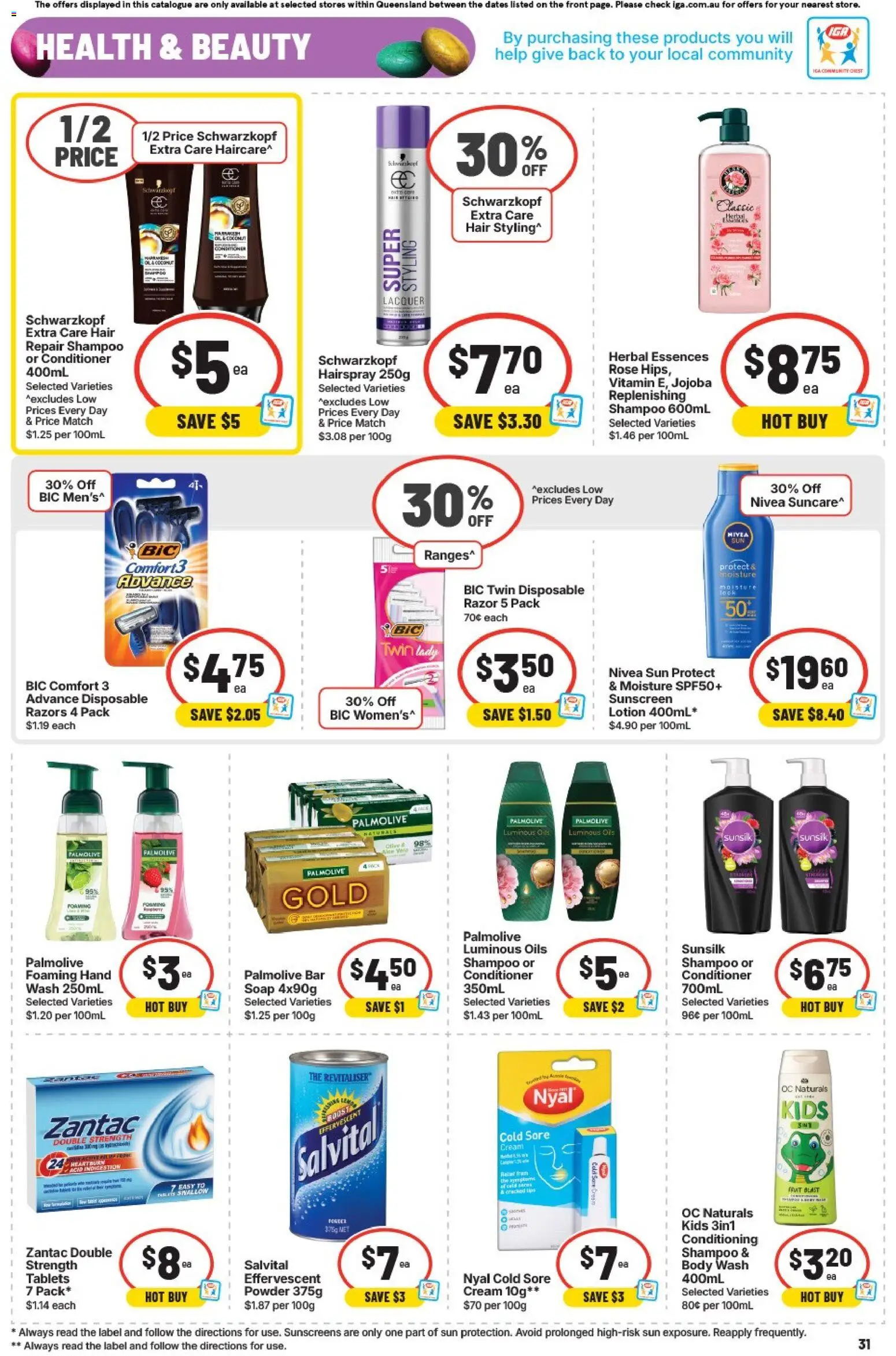 IGA catalogue - valid from 01.04.2026 | Page: 34 | Products: Shampoo, Sunscreen, Soap, Cream