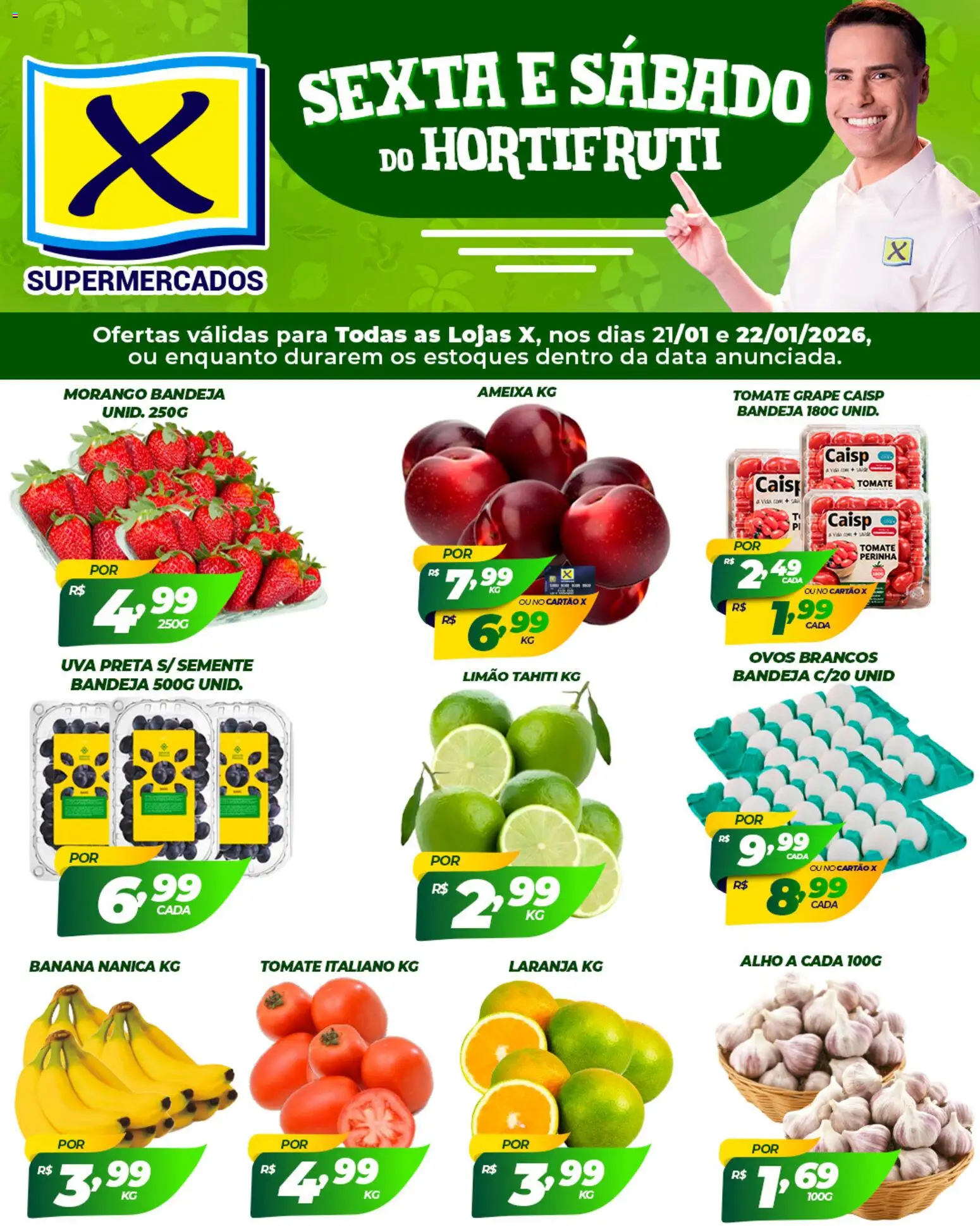 X Supermercados Folheto - válido de 21.01.2026 | Página: 1 | Produtos: Alho, Ovos, Bandeja, Ameixa
