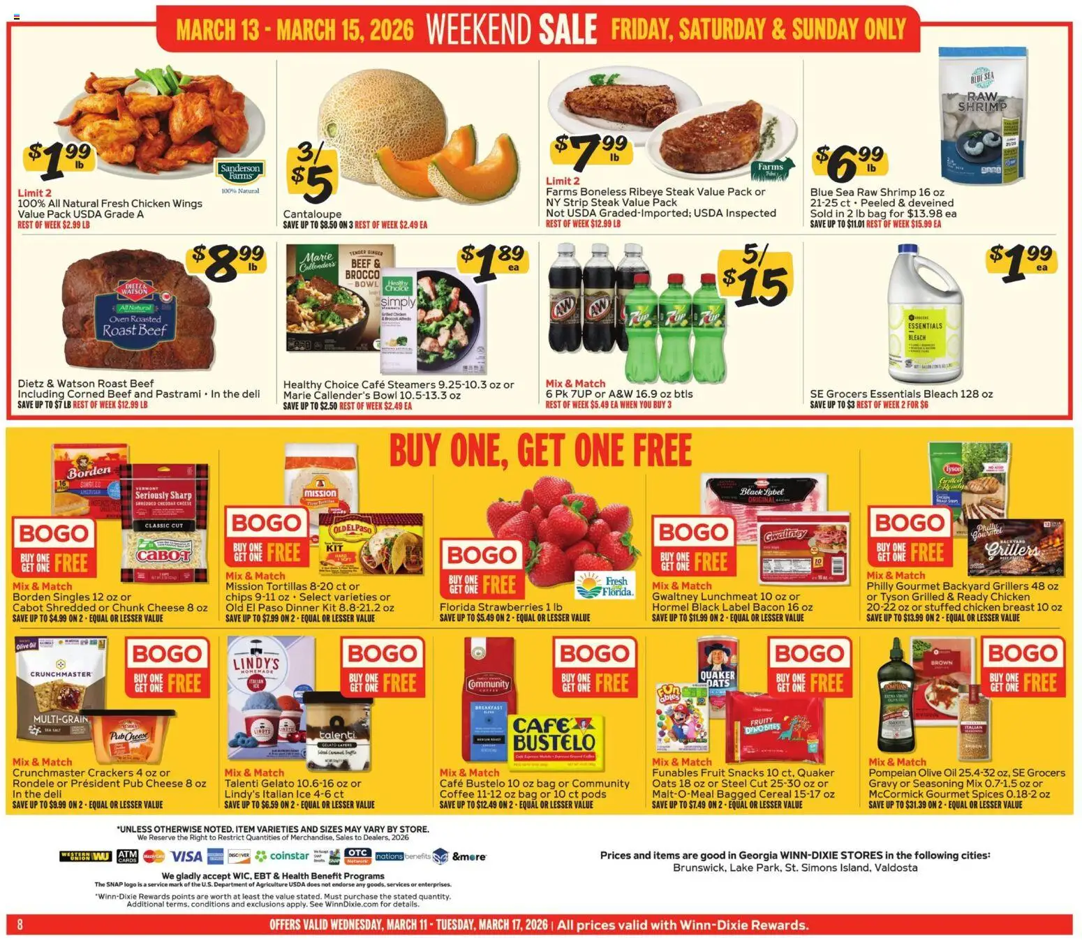 Winn Dixie Weekly Circular - GA - valid from 11.03.2026 | Page: 8 | Products: Cheese, Strawberries, Bag, Oven