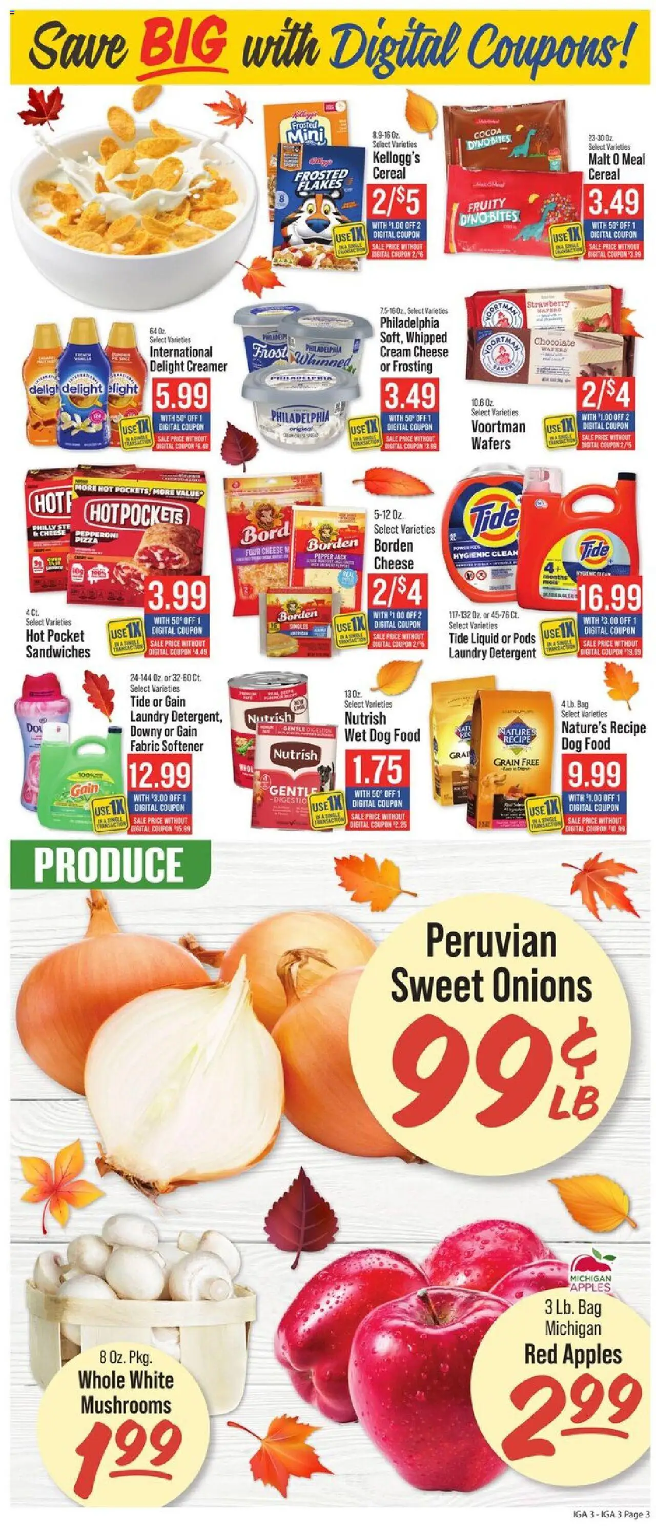 IGA Weekly Ad - valid from 08.10.2025 | Page: 4 | Products: Dog Food, Apples, Fabric softener, Cream