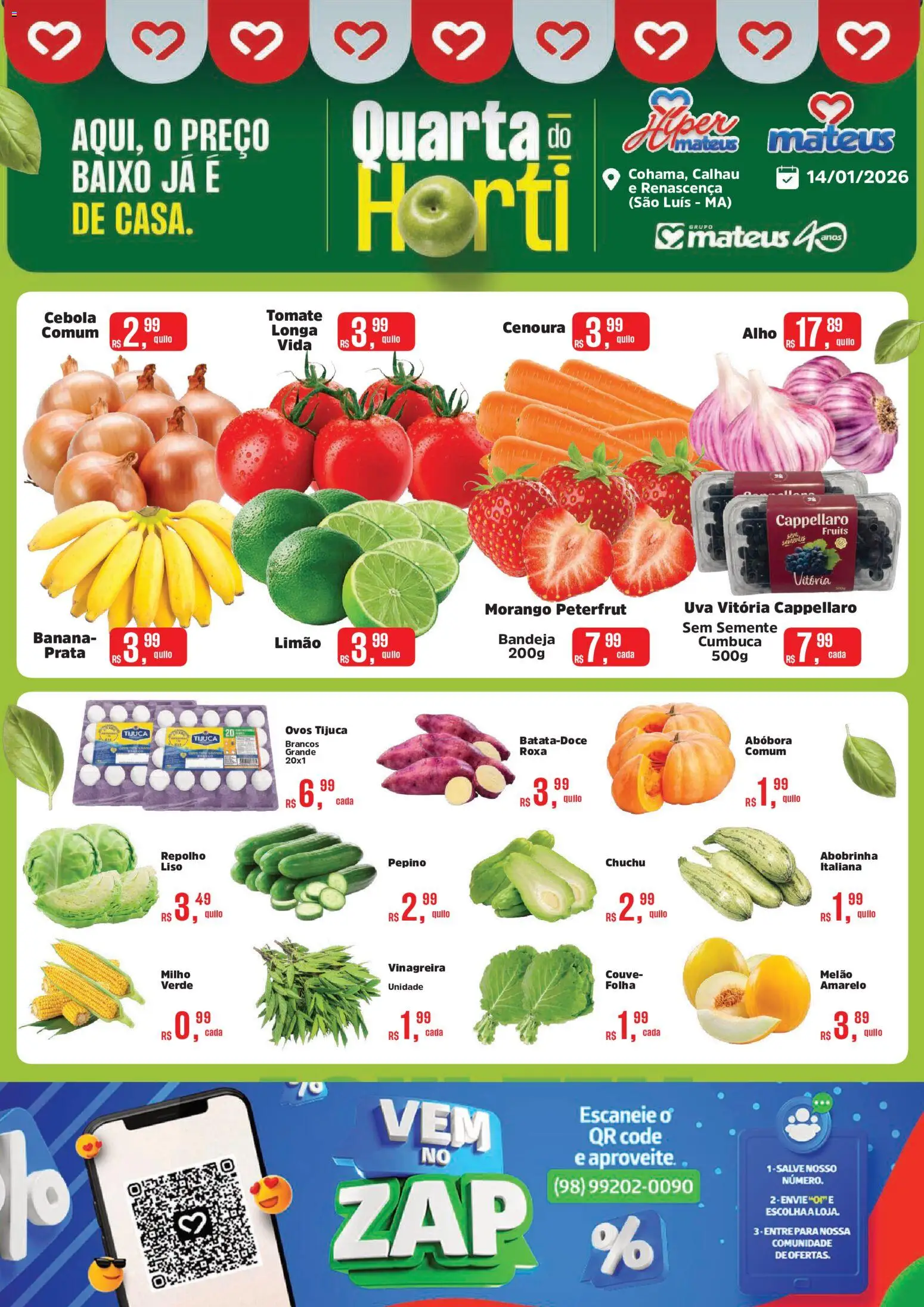 Mateus Folheto - válido de 14.01.2026 | Página: 1 | Produtos: Chuchu, Cebola, Cenoura, Baixo