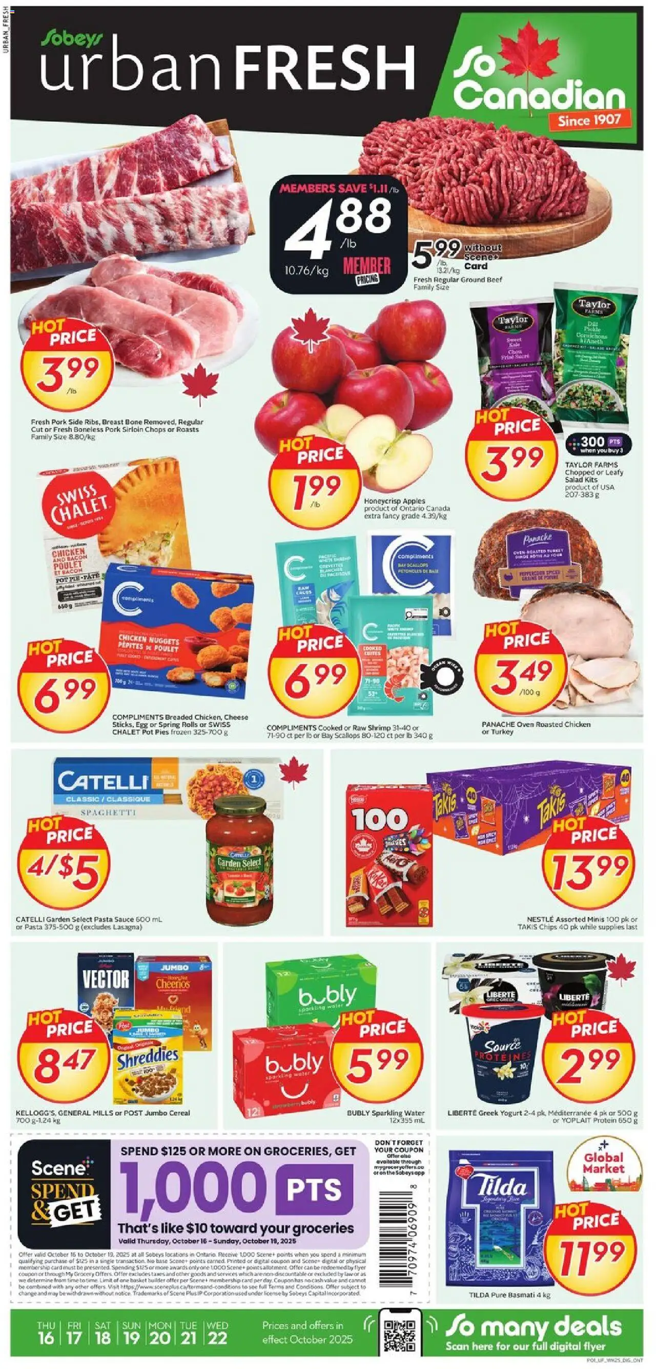 Sobeys flyer valid from 16.10.2025 | Page: 1 | Products: Pasta, Chips, Salad, Yogurt
