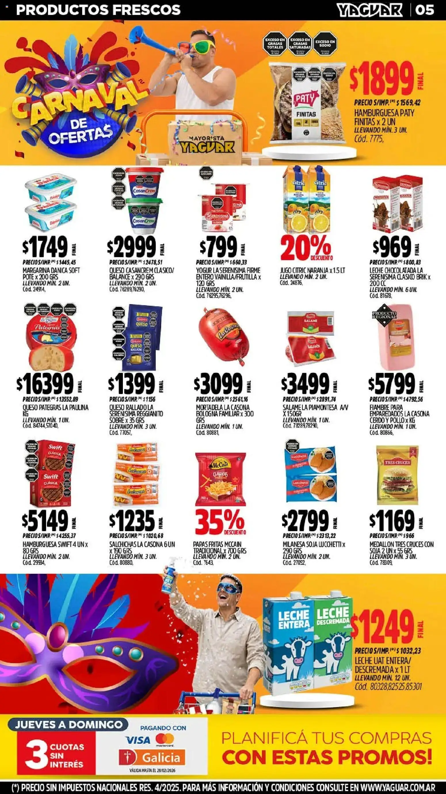 Yaguar - Oferta Semanal Santa Fé │ válido desde el 16.02.2026 | Página: 5 | Productos: Mortadela, Cerdo, Margarina, Papas fritas