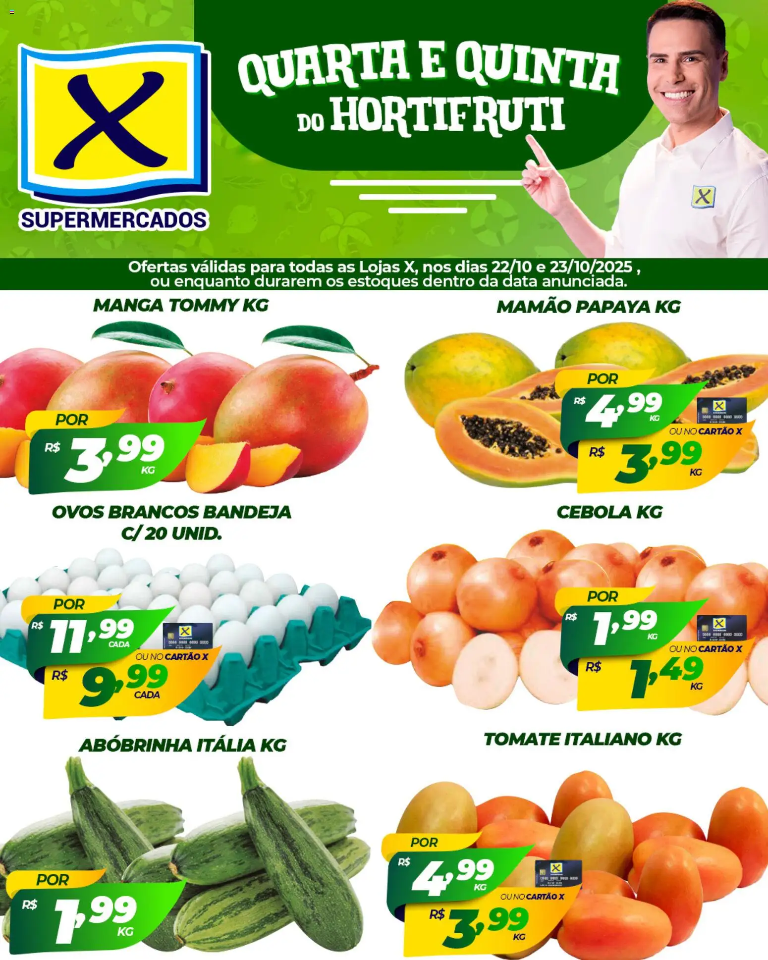 X Supermercados Folheto - válido de 22.10.2025 | Página: 1 | Produtos: Abobrinha, Cebola, Ovos, Bandeja