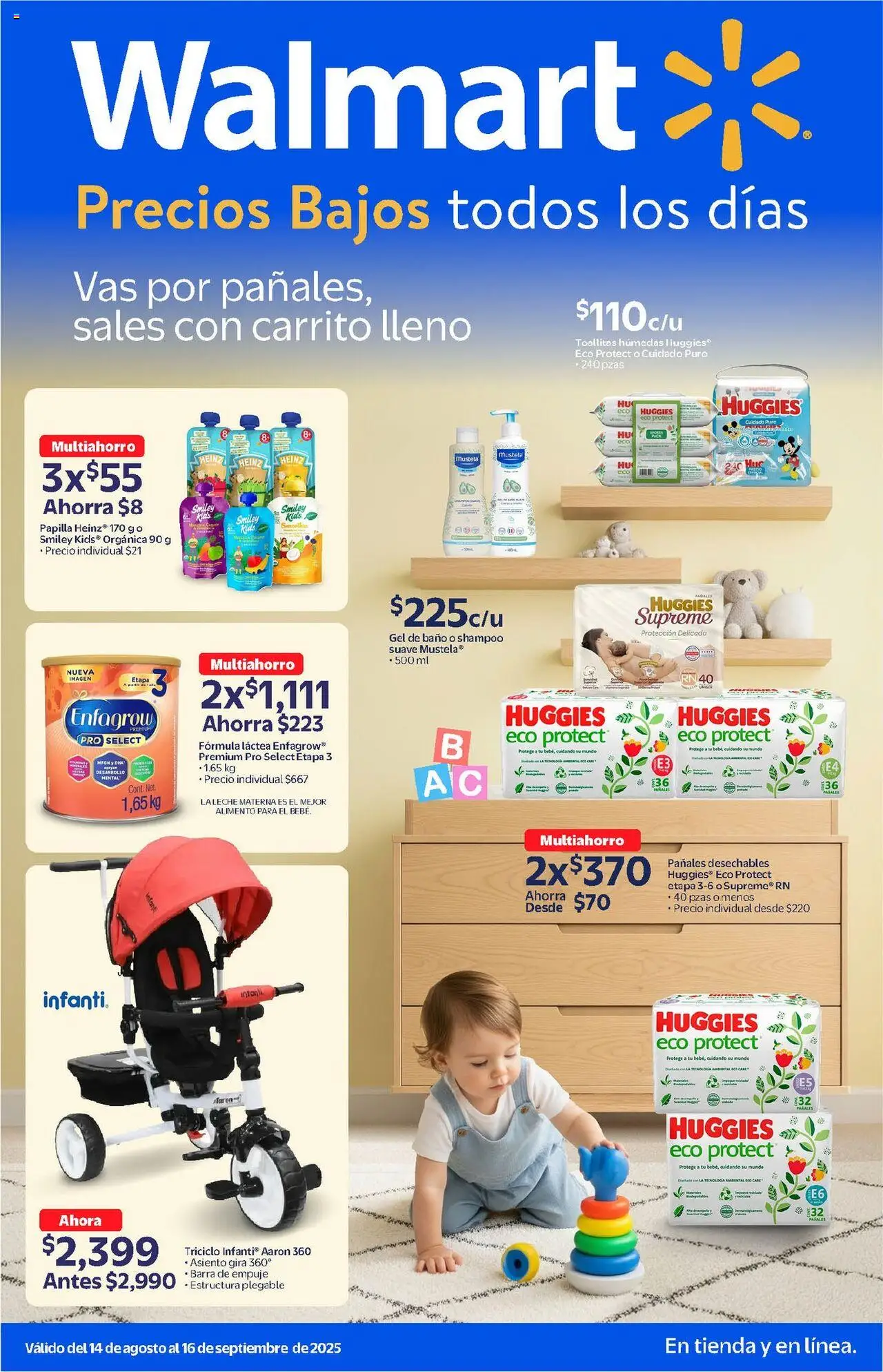 Nuevas ofertas de Walmart válidas en toda la República Mexicana desde el 14.08.2025. ¡Encuentra las mejores ofertas en Walmart - Folleto Bebé! | Página: 1 | Productos: Toallitas húmedas, Sales, Barra, Baño