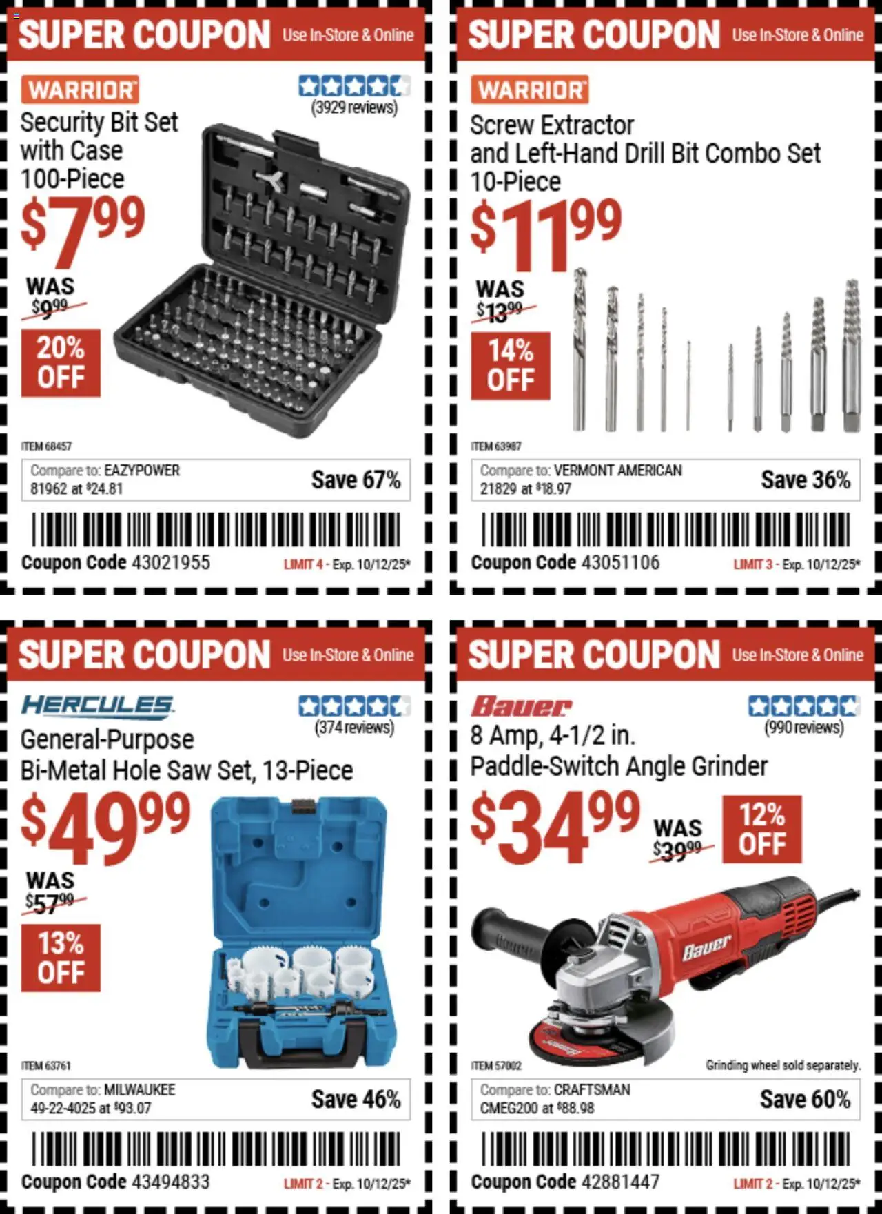 Harbor Freight Coupon Deals - valid from 29.09.2025 | Page: 6 | Products: Screw, Angle Grinder, Drill Bit, Case