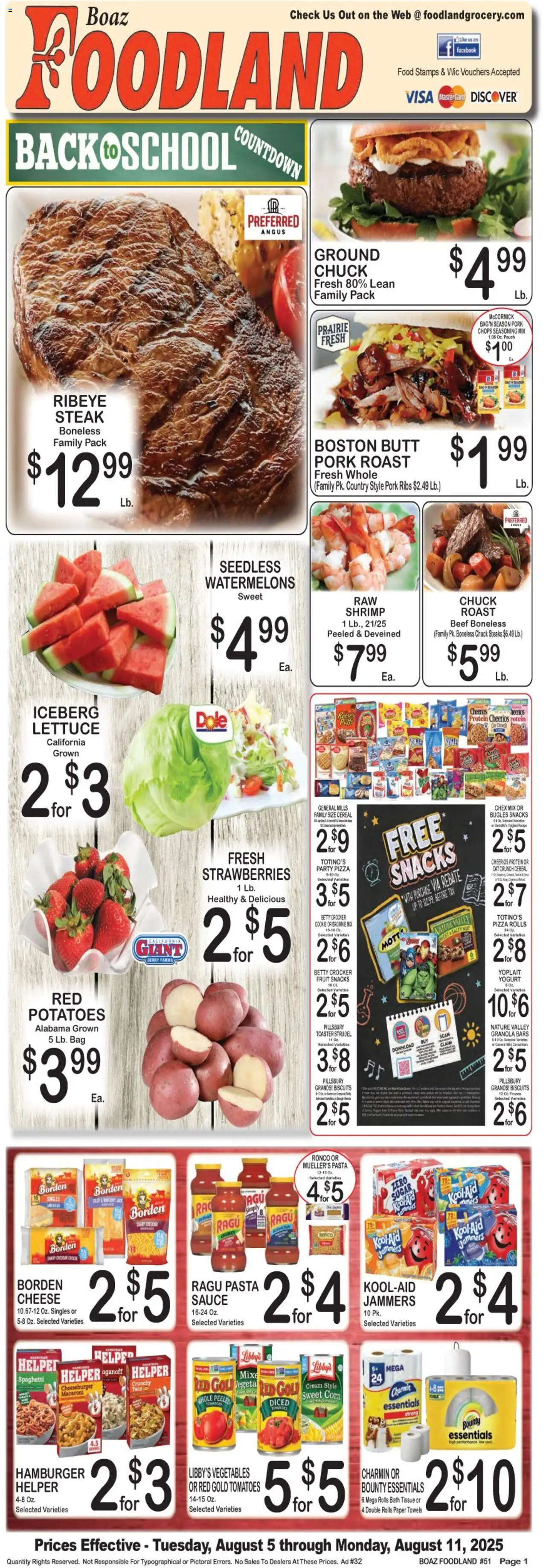 Foodland Weekly Ad - valid from 05.08.2025 | Page: 1 | Products: Bath, Pizza, Pork, Strawberries