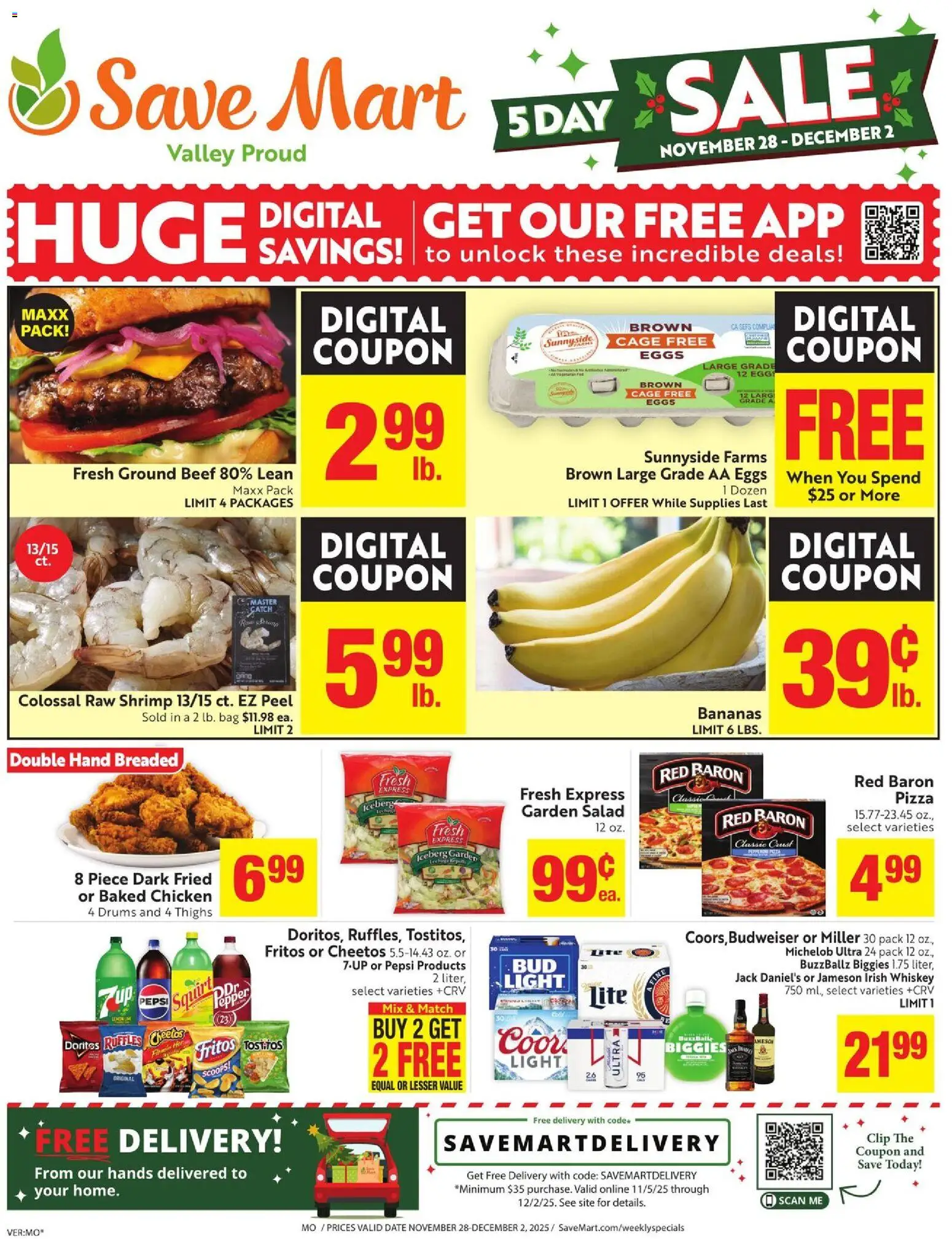 Save Mart Weekly - CA - valid from 28.11.2025 | Page: 1 | Products: Eggs, Beef, Whiskey, Bag