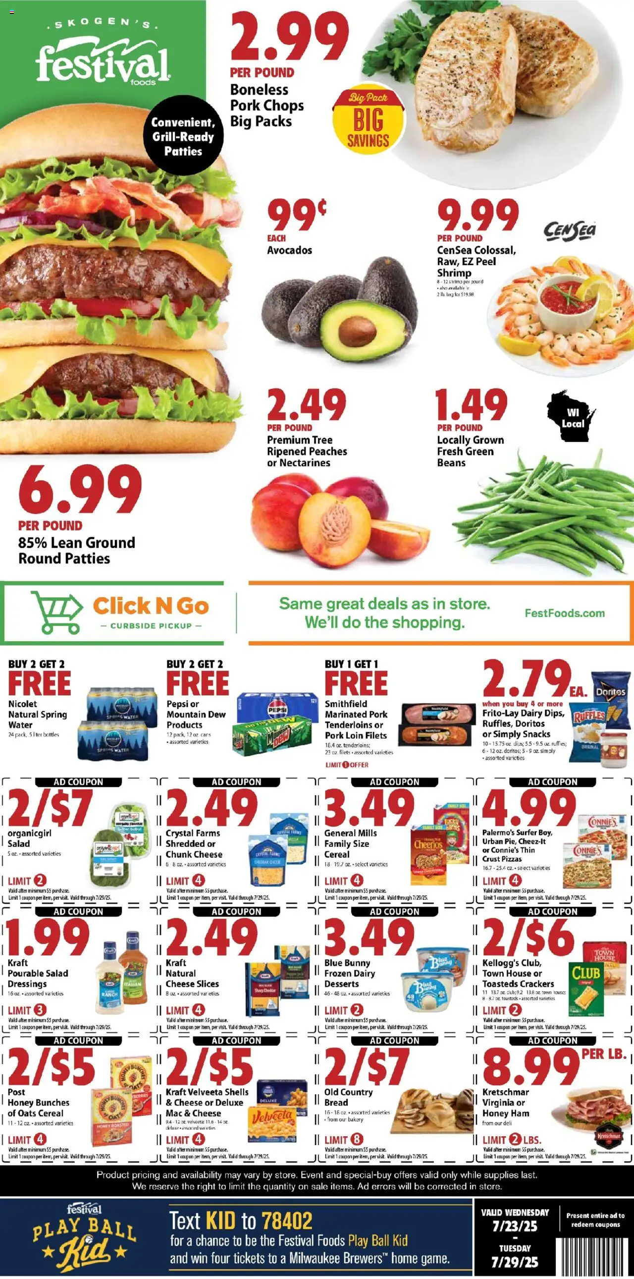 Festival Foods Weekly Ad - valid from 23.07.2025 | Page: 1 | Products: Peaches, Bread, Ham, Salad