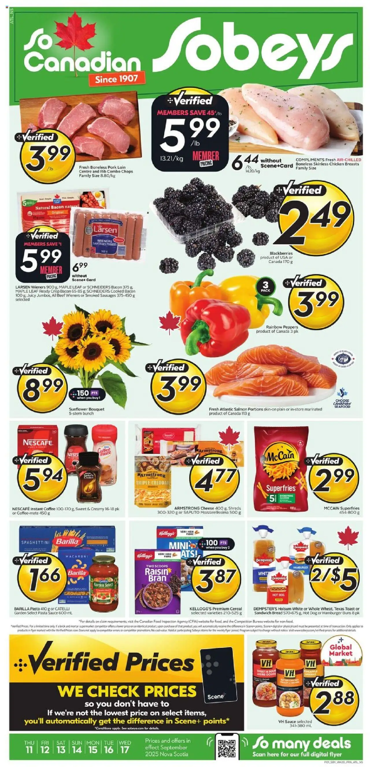 Sobeys flyer valid from 11.09.2025 | Page: 1 | Products: Chicken breasts, Bread, Coffee, Chicken