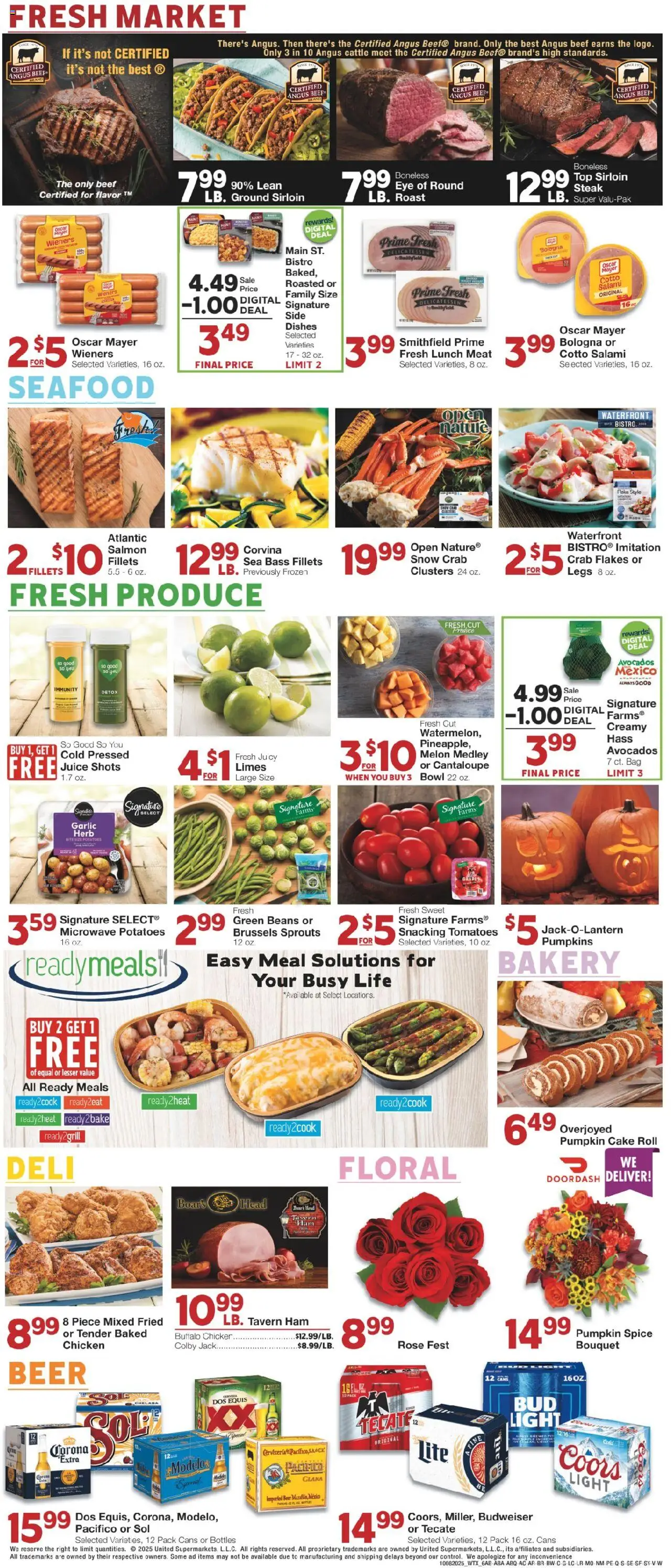 United Supermarkets Weekly Ad - valid from 07.10.2025 | Page: 6 | Products: Bakery, Brussels Sprouts, Beef, Pumpkin