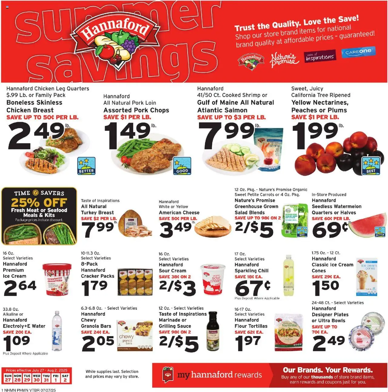 Hannaford Weekly Ad - valid from 27.07.2025 | Page: 1 | Products: Cream, Ice cream, Sauce, Seafood