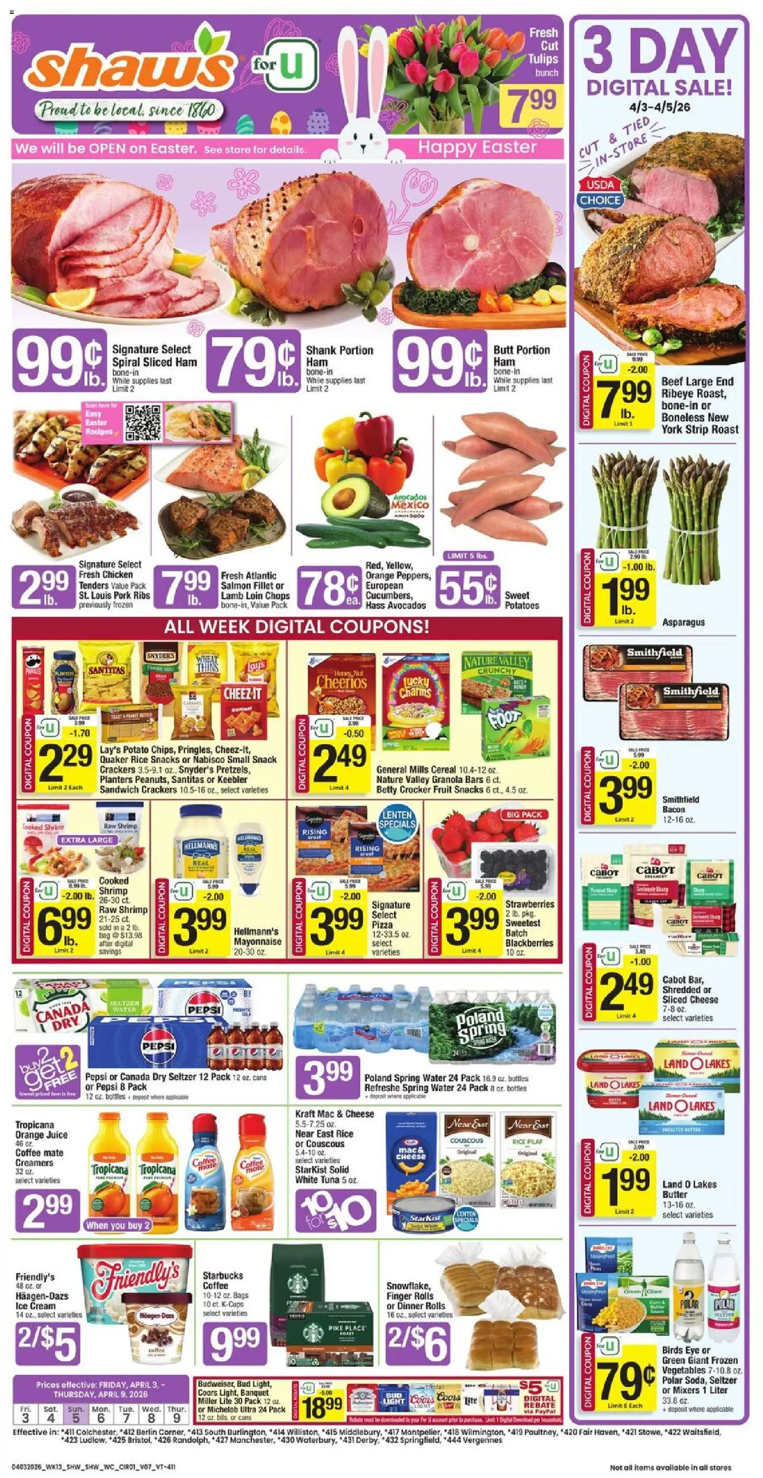 Shaw's Weekly Ad - VT - valid from 03.04.2026 | Page: 1 | Products: Cheese, Juice, Potatoes, Bag