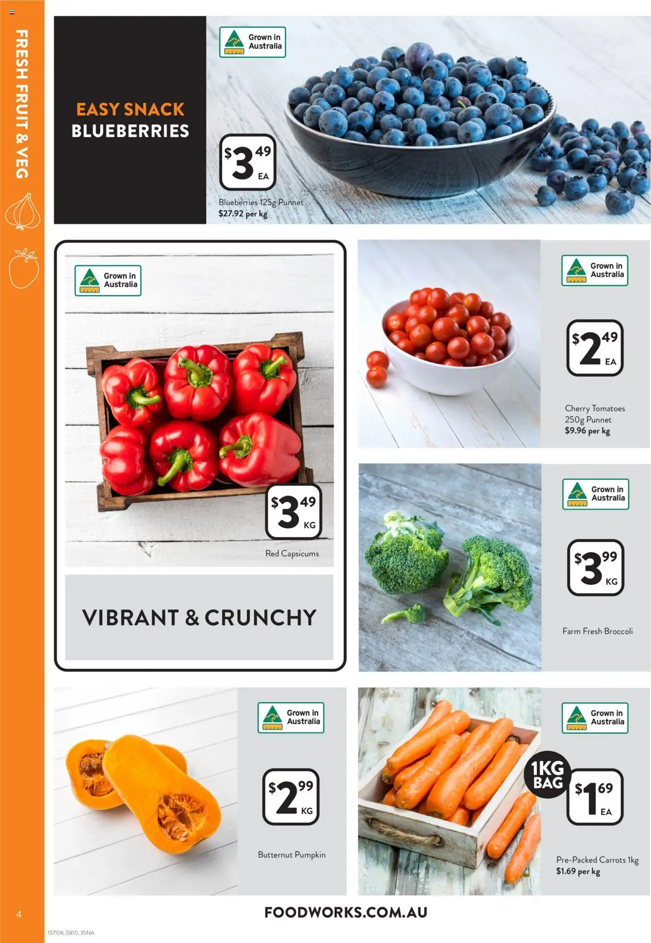 Foodworks catalogue - valid from 08.10.2025 | Page: 4 | Products: Tomatoes, Carrots, Pumpkin, Blueberries