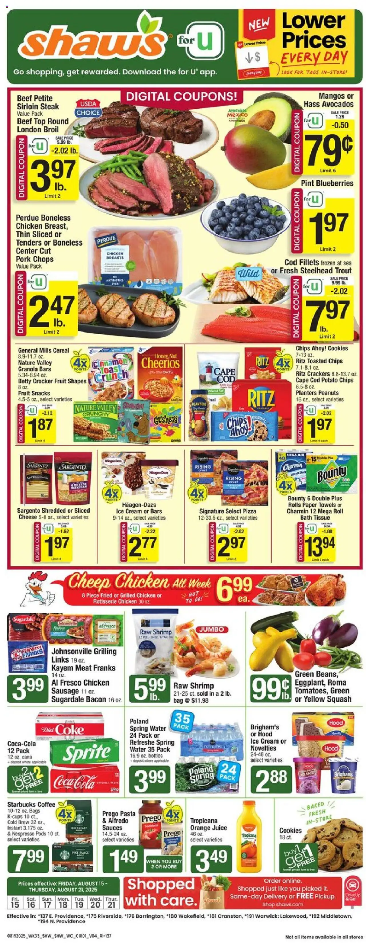 Shaw's Weekly Ad - RI - valid from 15.08.2025 | Page: 1 | Products: Coffee, Pizza, Water, Sausage
