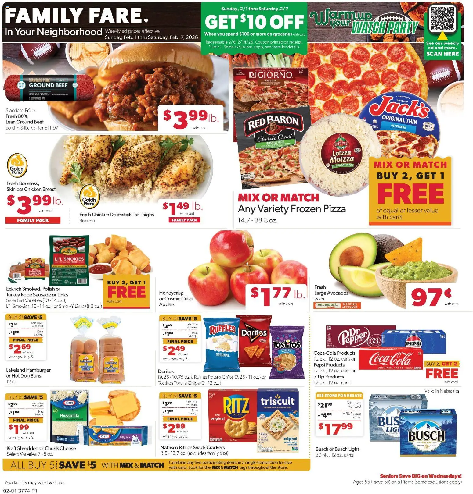 Family Fare Weekly Ad - NE - valid from 01.02.2026 | Page: 1 | Products: Chips, Pepper, Sausage, Watch