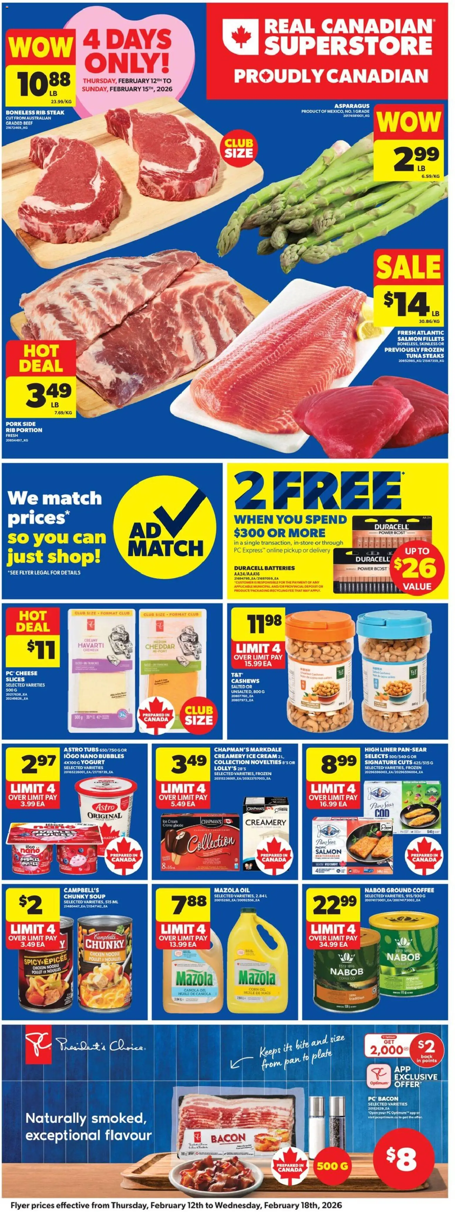 Real Canadian Superstore flyer valid from 12.02.2026 | Page: 3 | Products: Cream, PC, Coffee, Chicken