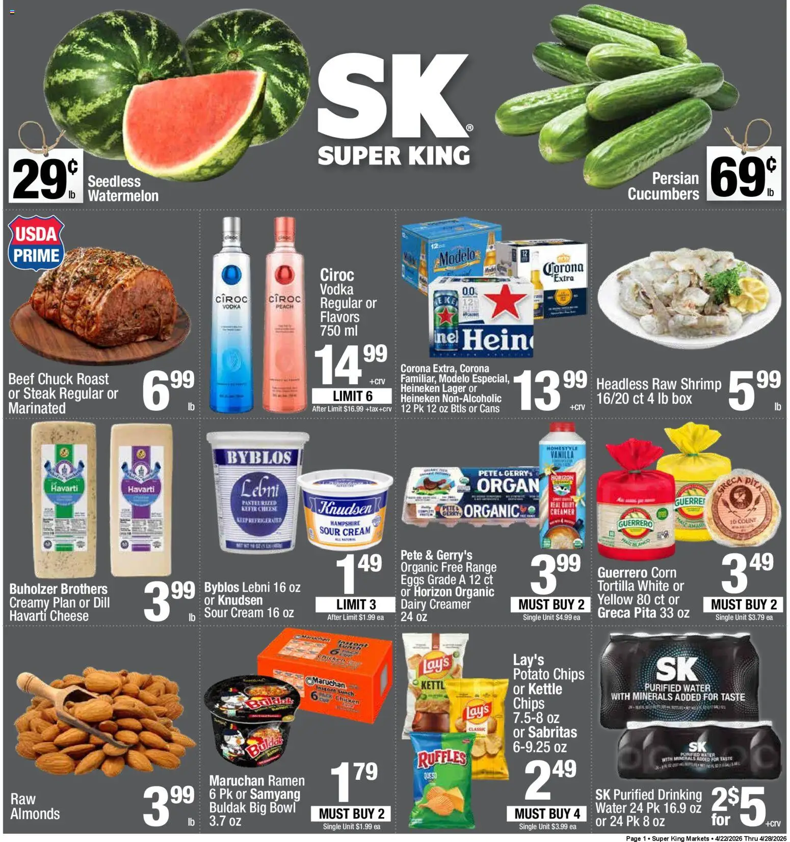 Super King Weekly Ad - valid from 22.04.2026 | Page: 1 | Products: Corn, Chips, Cream, Cucumbers