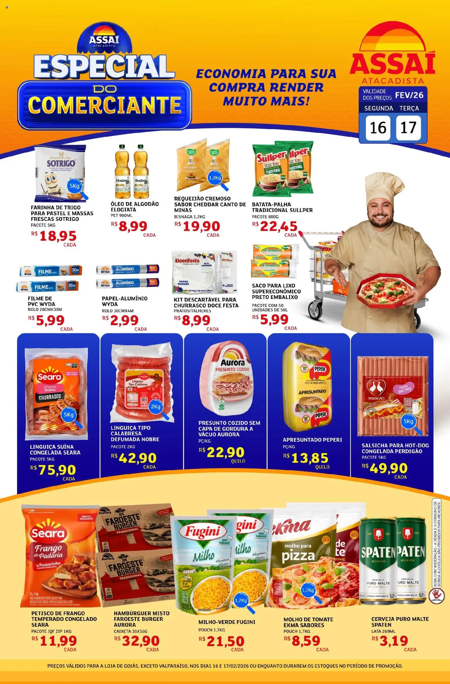 Assaí Atacadista Folheto - válido de 16.02.2026 | Página: 1 | Produtos: Salsicha, Linguiça, Presunto, Cheddar