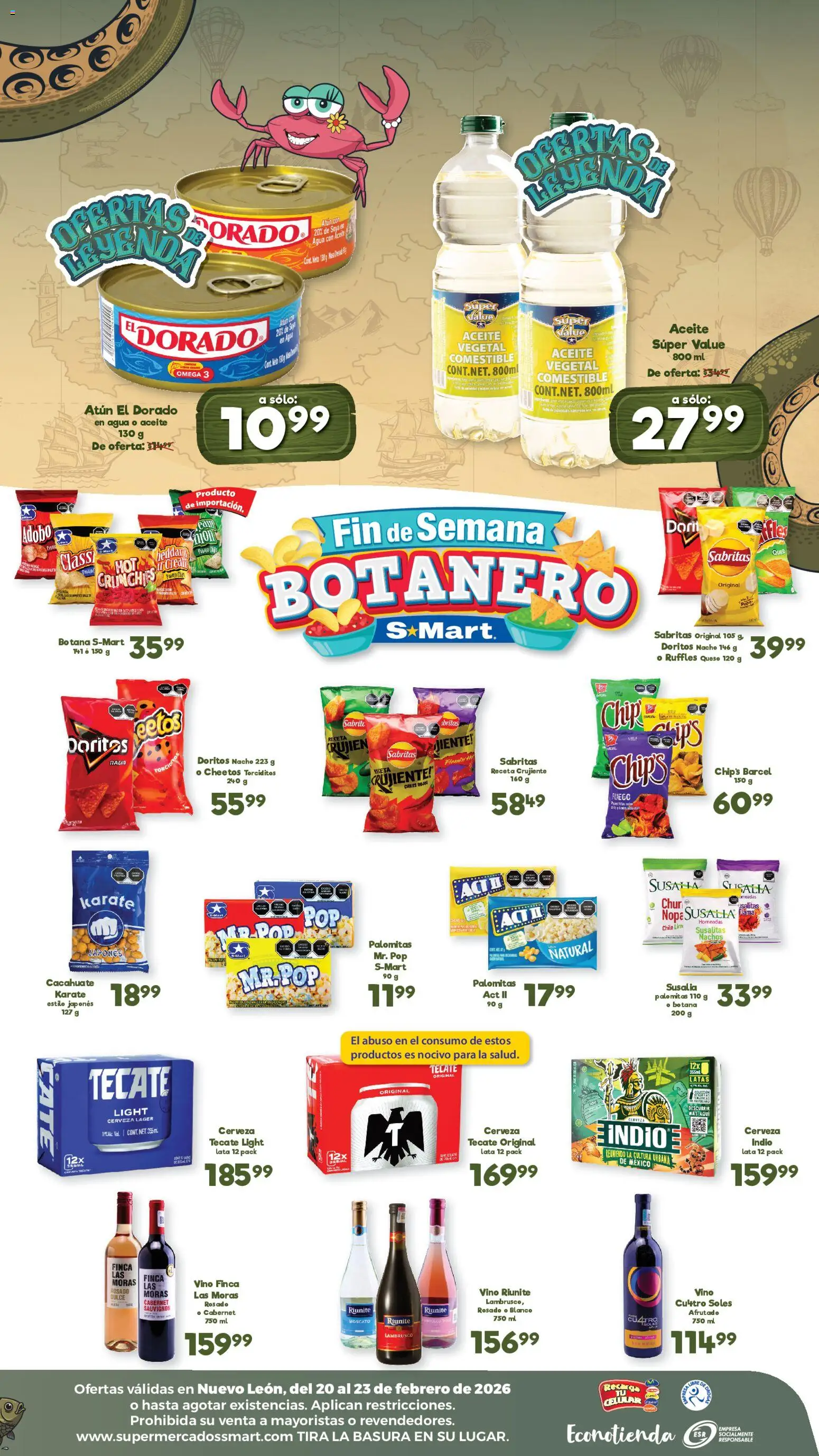 Nuevas ofertas de S-Mart válidas en toda la República Mexicana desde el 20.02.2026. ¡Encuentra las mejores ofertas en S-Mart folleto Ofertas de feria Monterrey! | Página: 2 | Productos: Cacahuate, Agua, Aceite, Cerveza