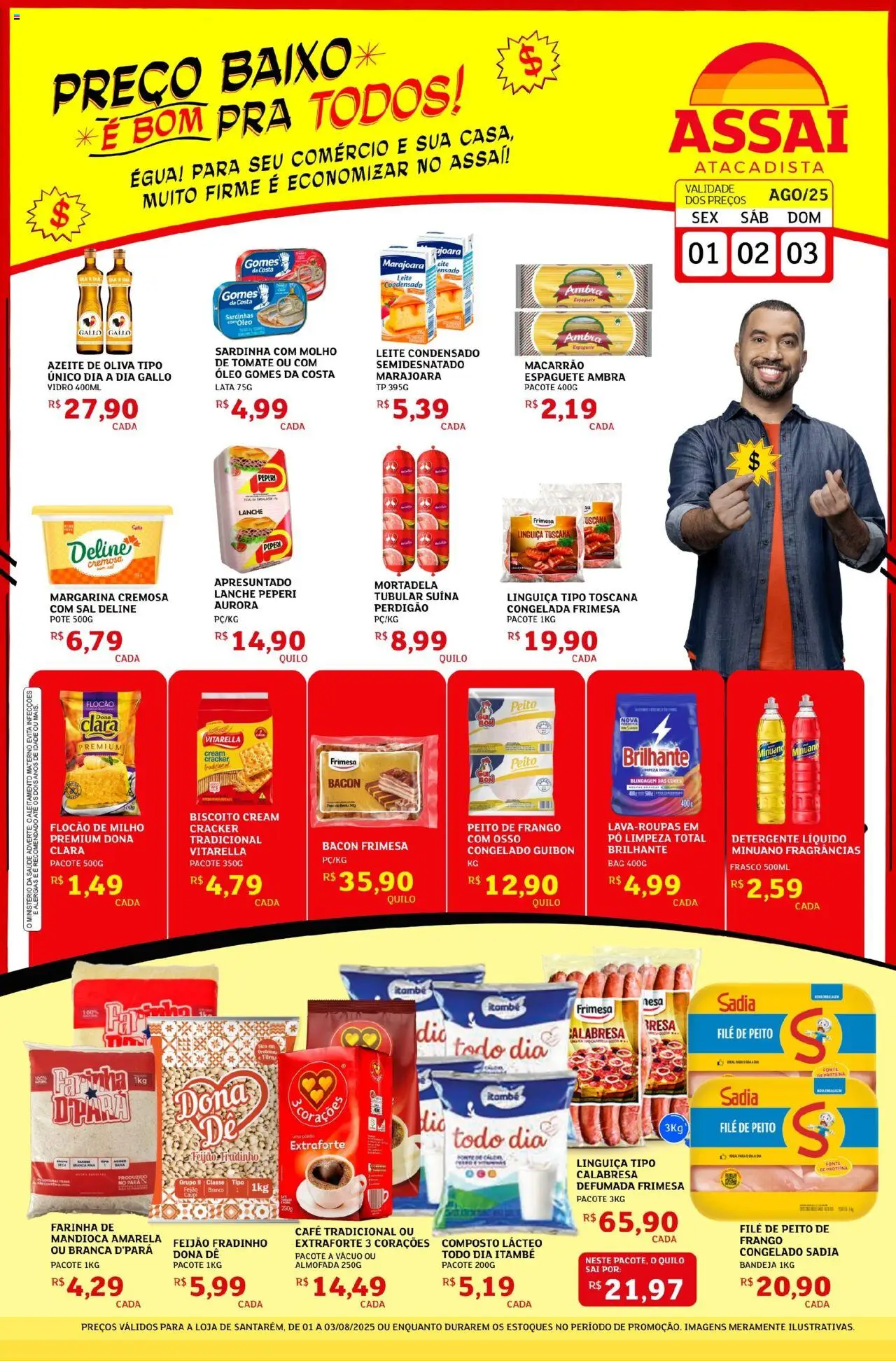 Assaí Atacadista Folheto - válido de 01.08.2025 | Página: 1 | Produtos: Pó, Detergente, Farinha de mandioca, Gomes da costa