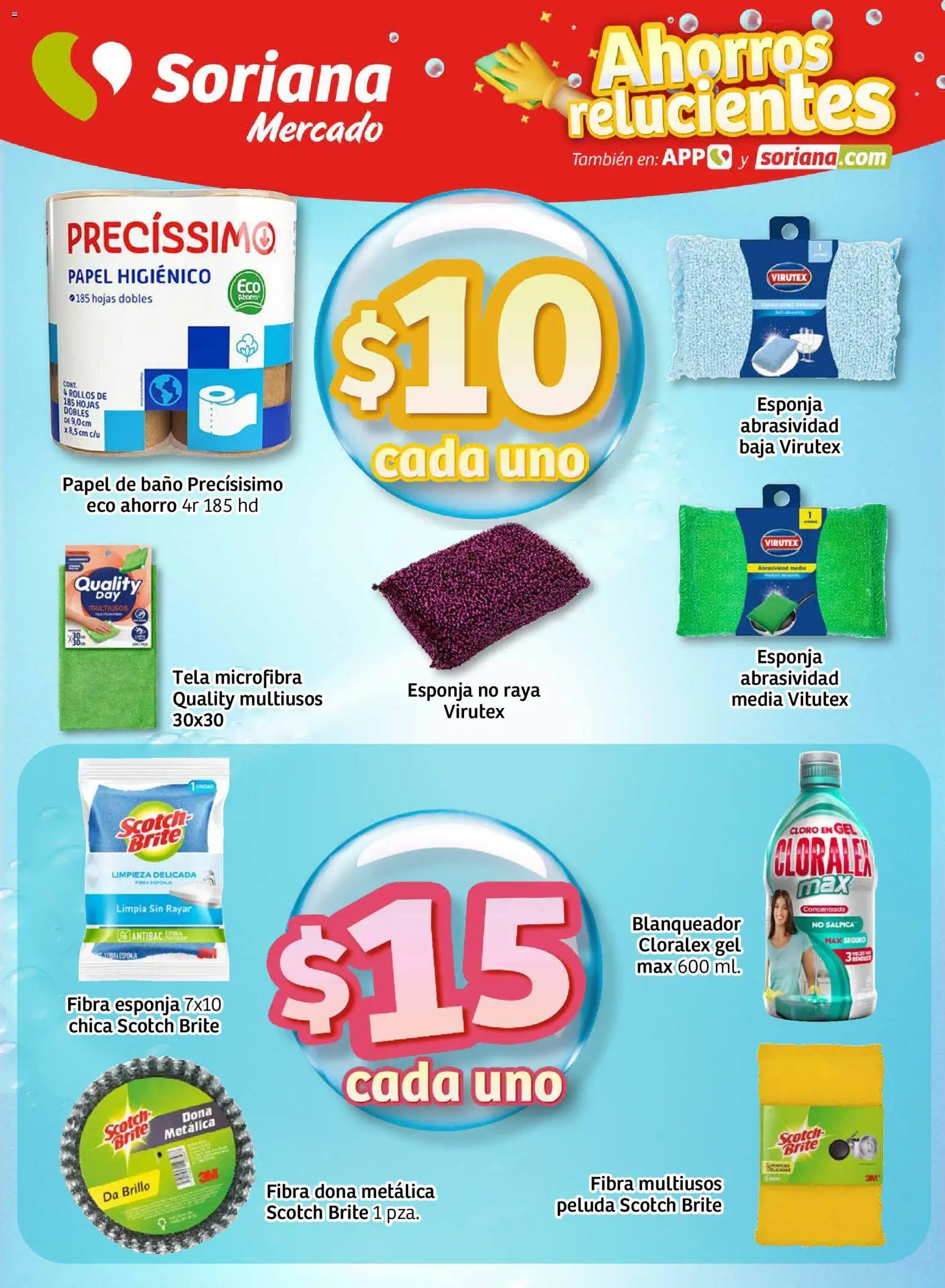 Nuevas ofertas de Soriana válidas en toda la República Mexicana desde el 15.01.2026. ¡Encuentra las mejores ofertas en Soriana - Ahorros relucientes Mercado Nacional! | Página: 5 | Productos: Brillo, Papel higiénico, Cloro, Baño