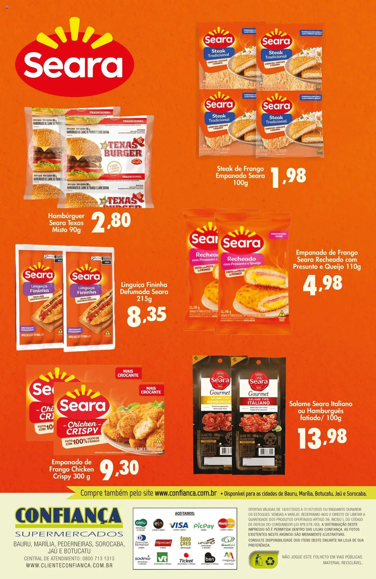 Confiança Folheto - válido de 16.07.2025 | Página: 2 | Produtos: Cerca, Presunto, Hambúrguer, Frango