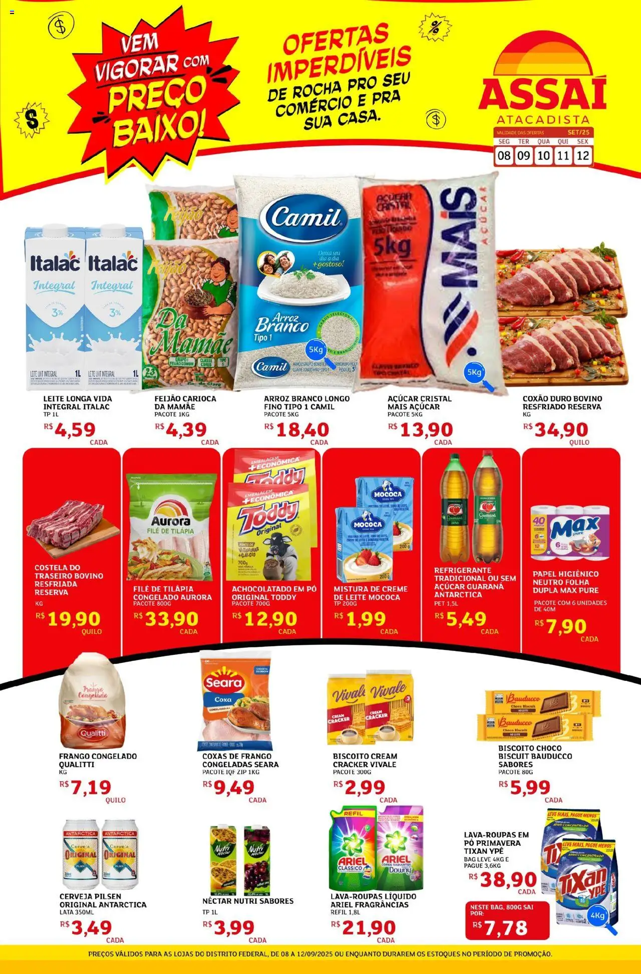 Assaí Atacadista Folheto - válido de 08.09.2025 | Página: 1 | Produtos: Arroz, Creme de leite, Frango, Papel higiênico