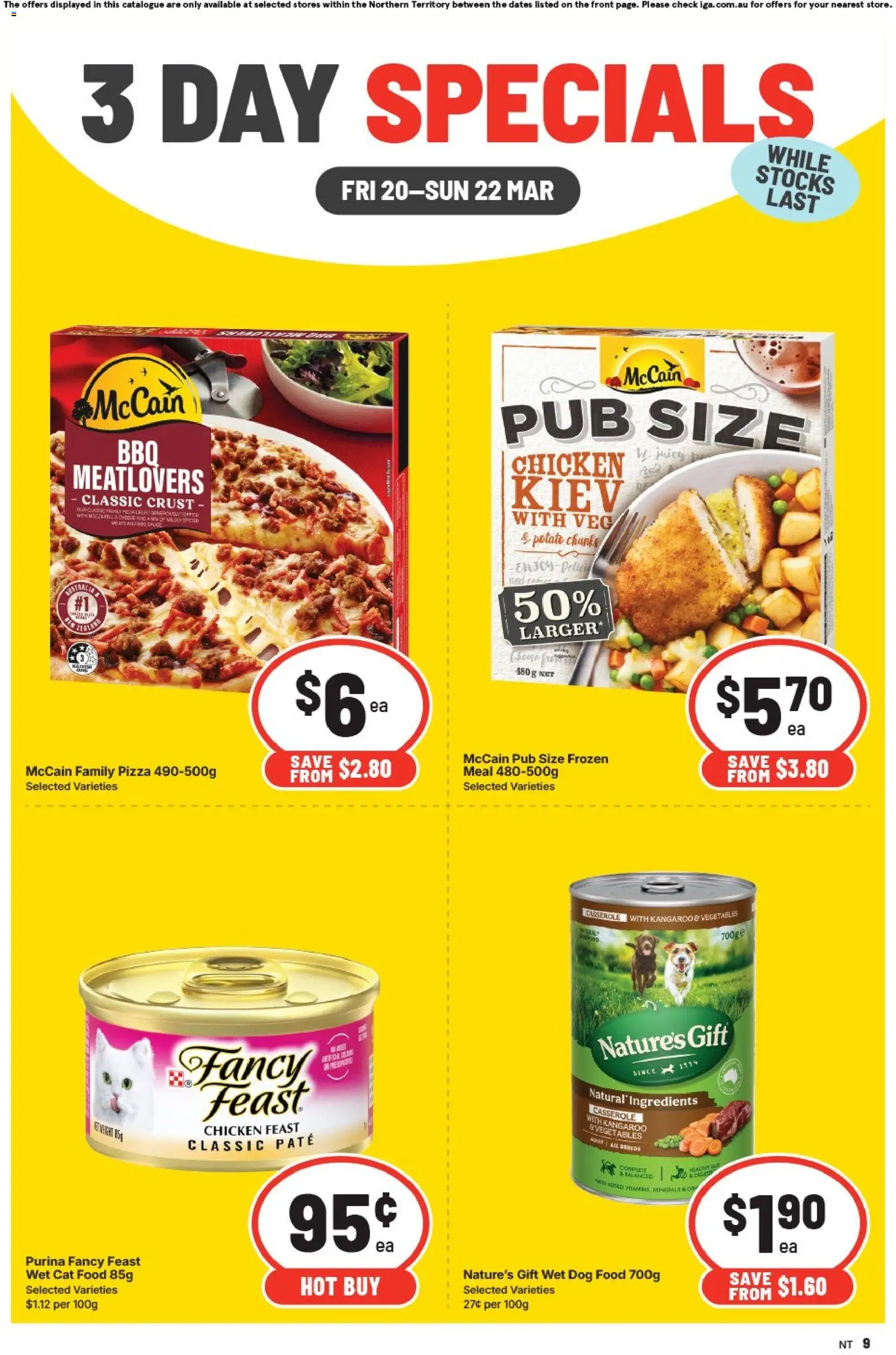 IGA catalogue - valid from 20.03.2026 | Page: 3 | Products: Pizza, Chicken, Dog food, Vegetables