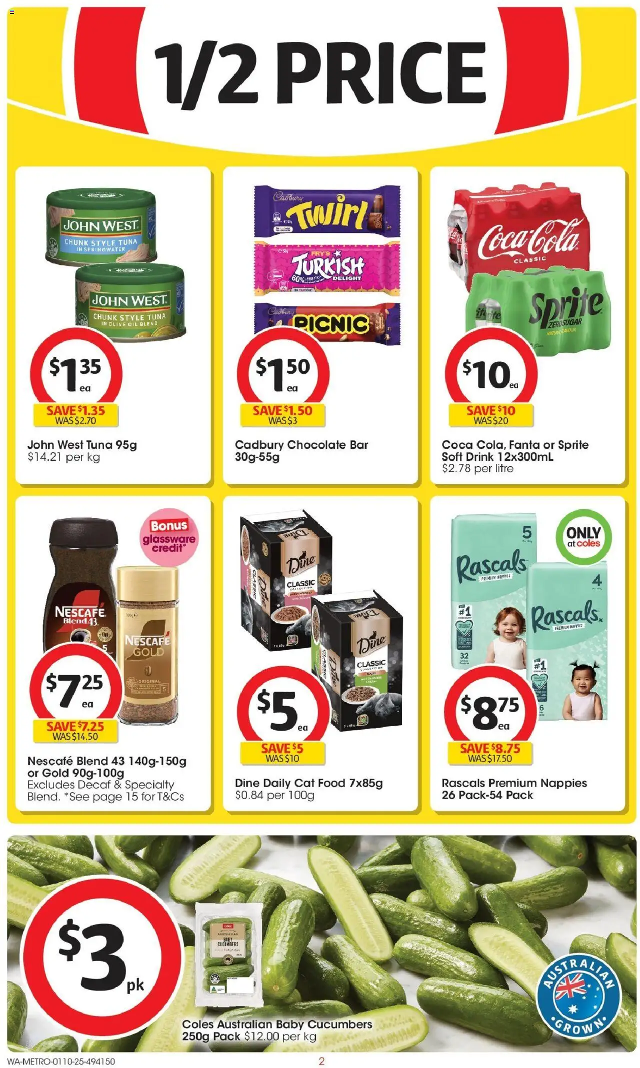 Coles catalogue - valid from 01.10.2025 | Page: 2 | Products: Glassware, Nappies, Cucumbers, Tuna
