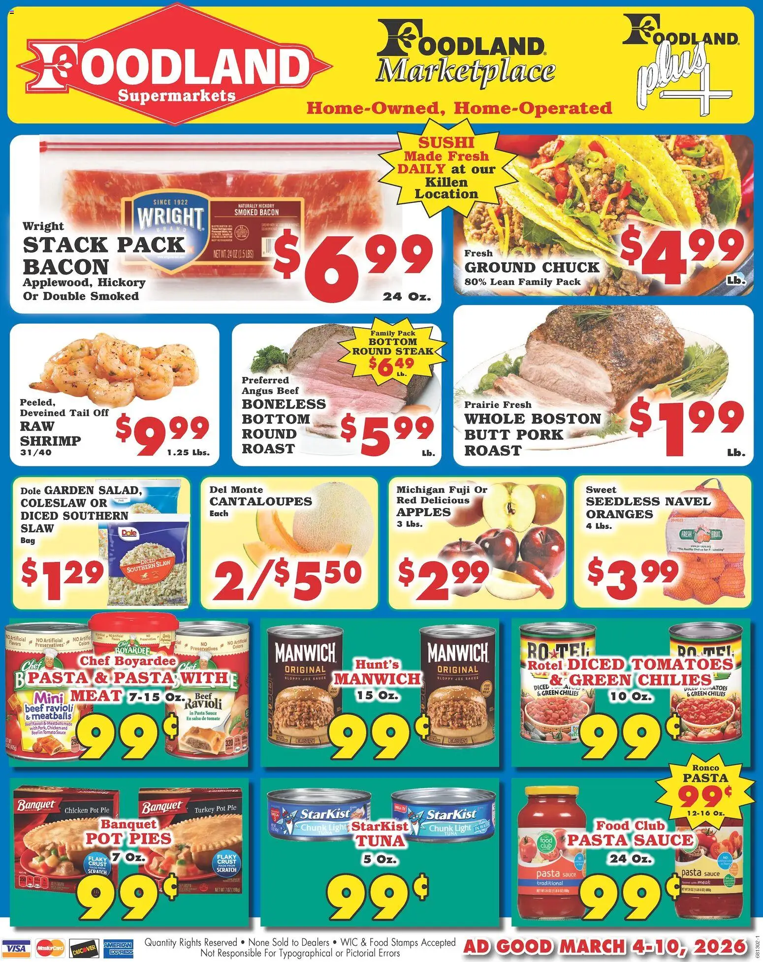 Foodland Weekly Ad - Supermarkets - valid from 04.03.2026 | Page: 1 | Products: Cantaloupes, Oranges, Beef, Pasta