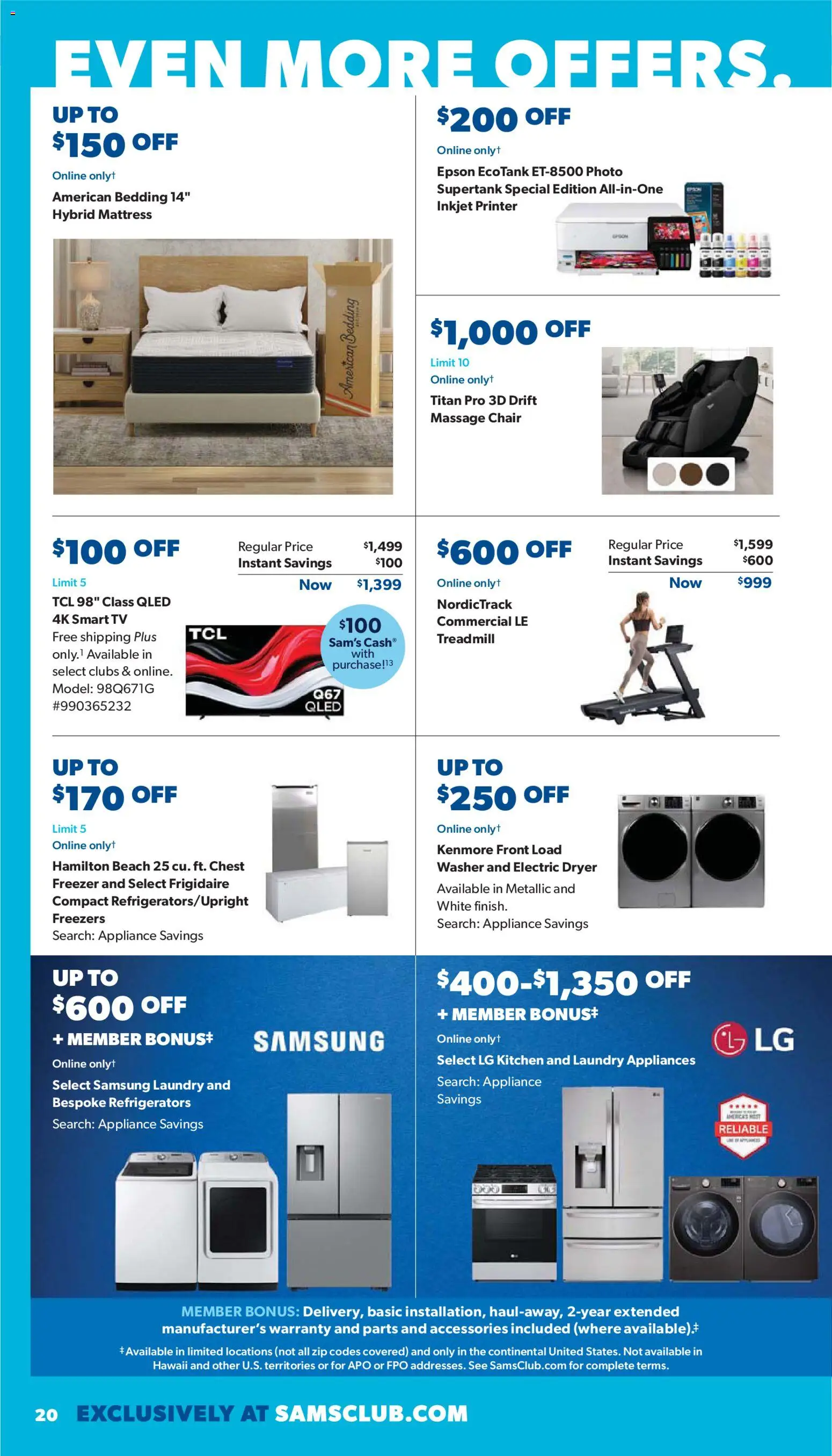 Sam's Club Instant Savings Book February - valid from 28.01.2026 | Page: 20 | Products: Mattress, Printer, Tv, Freezer