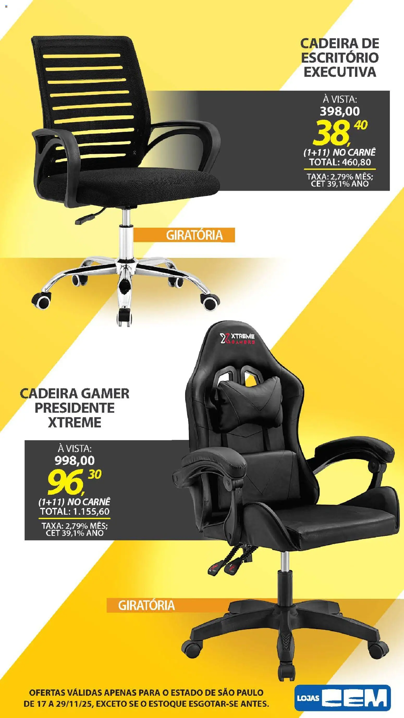 Lojas Cem Folheto - válido de 17.11.2025 | Página: 12 | Produtos: Cadeira gamer, Cadeira, Cadeira de escritório, Carne