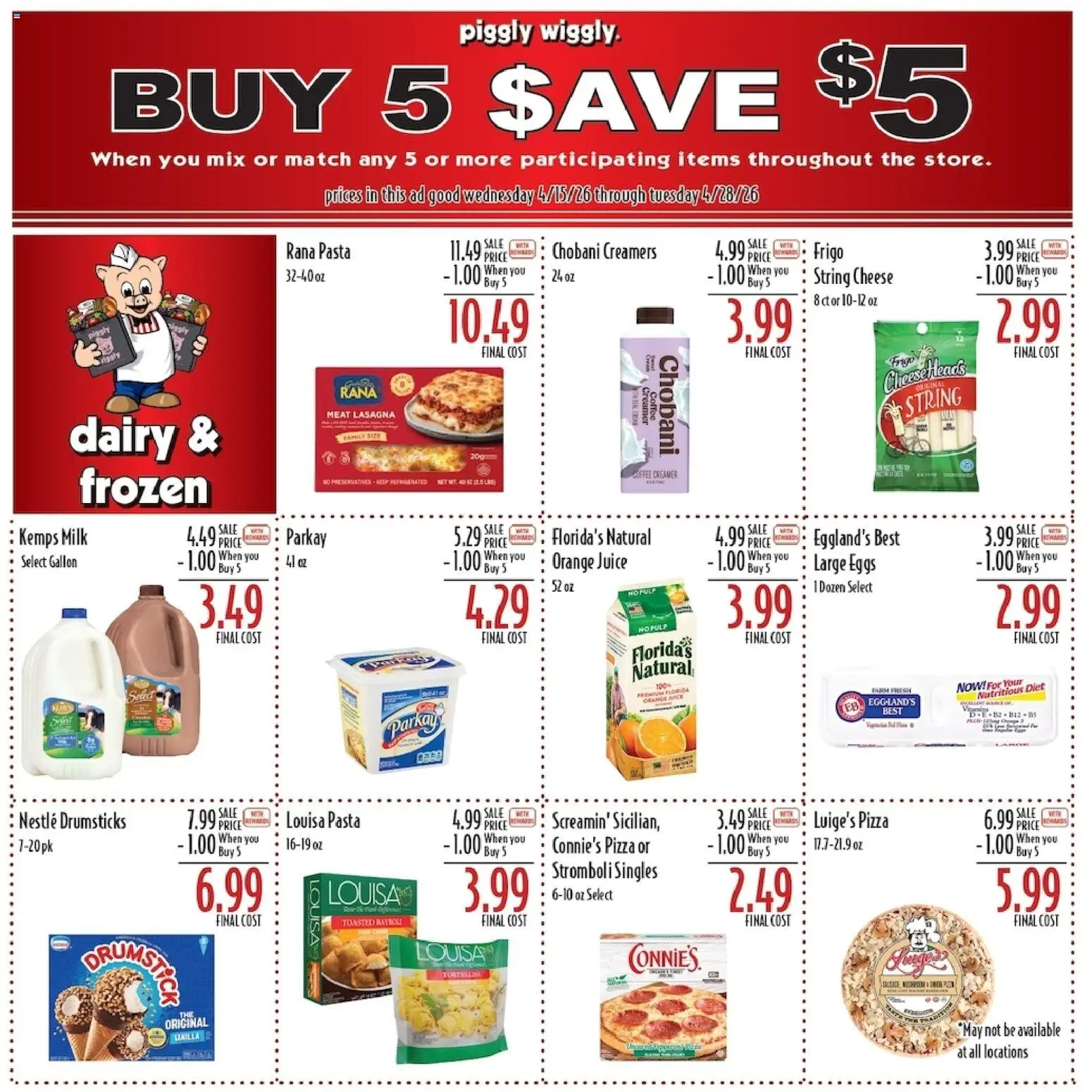 Piggly Wiggly Weekly Ad - valid from 15.04.2026 | Page: 5 | Products: Eggs, Pizza, Juice, Pasta