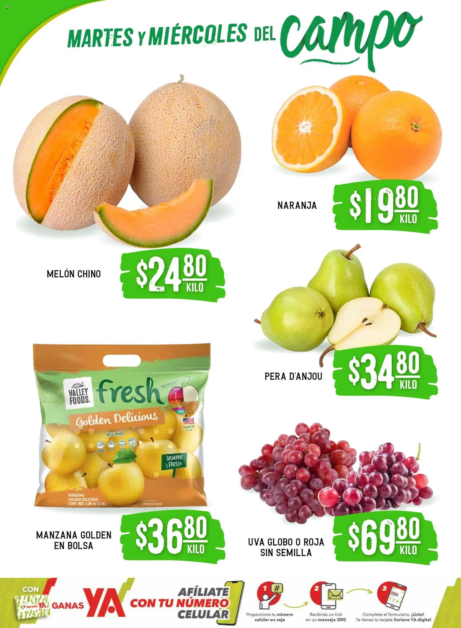 Nuevas ofertas de Soriana válidas en toda la República Mexicana desde el 06.01.2026. ¡Encuentra las mejores ofertas en Soriana - Martes y Miércoles del Campo Súper:  Ags, Nay, Jal, Qro, Col, Mich, Gto, Hgo, Tlax, Mor, Pue, Gro, Oax, Edo. de Mex, Val! | Página: 2 | Productos: Melón, Bolsa, Manzana, Caja