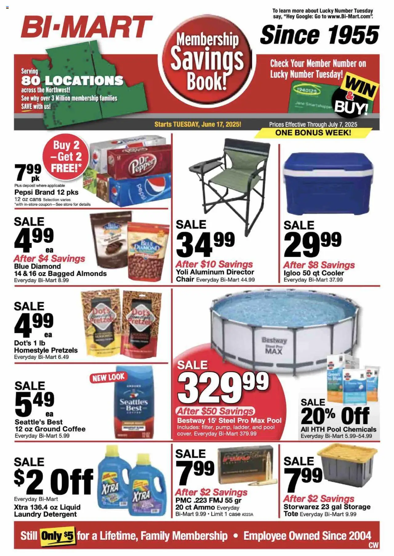 Bi-Mart Membership Savings Book - valid from 17.06.2025 | Page: 1 | Products: Chair, Coffee, Detergent, Ammo