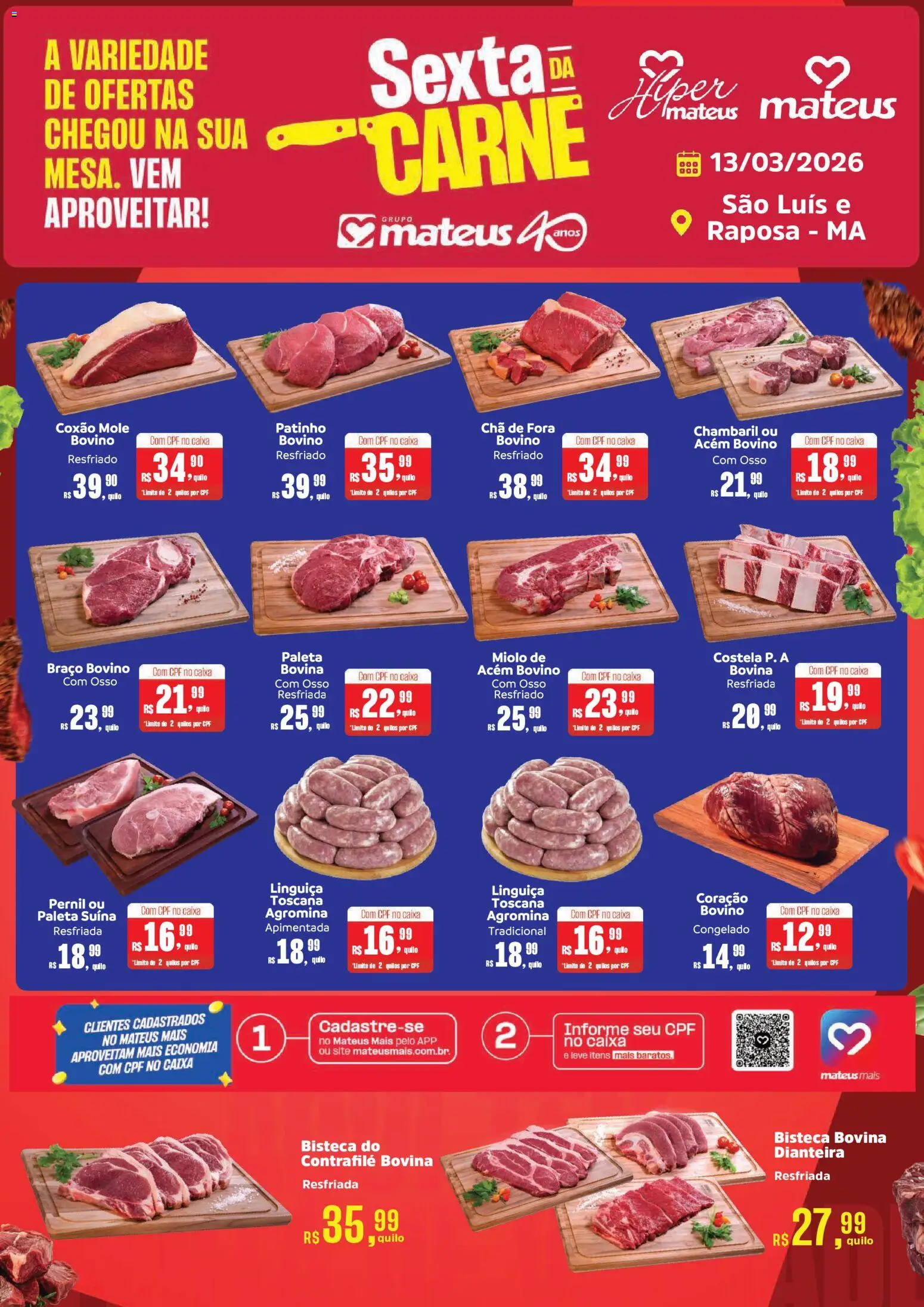 Mateus Folheto - válido de 13.03.2026 | Página: 1 | Produtos: Linguiça, Acém, Caixa, Carne