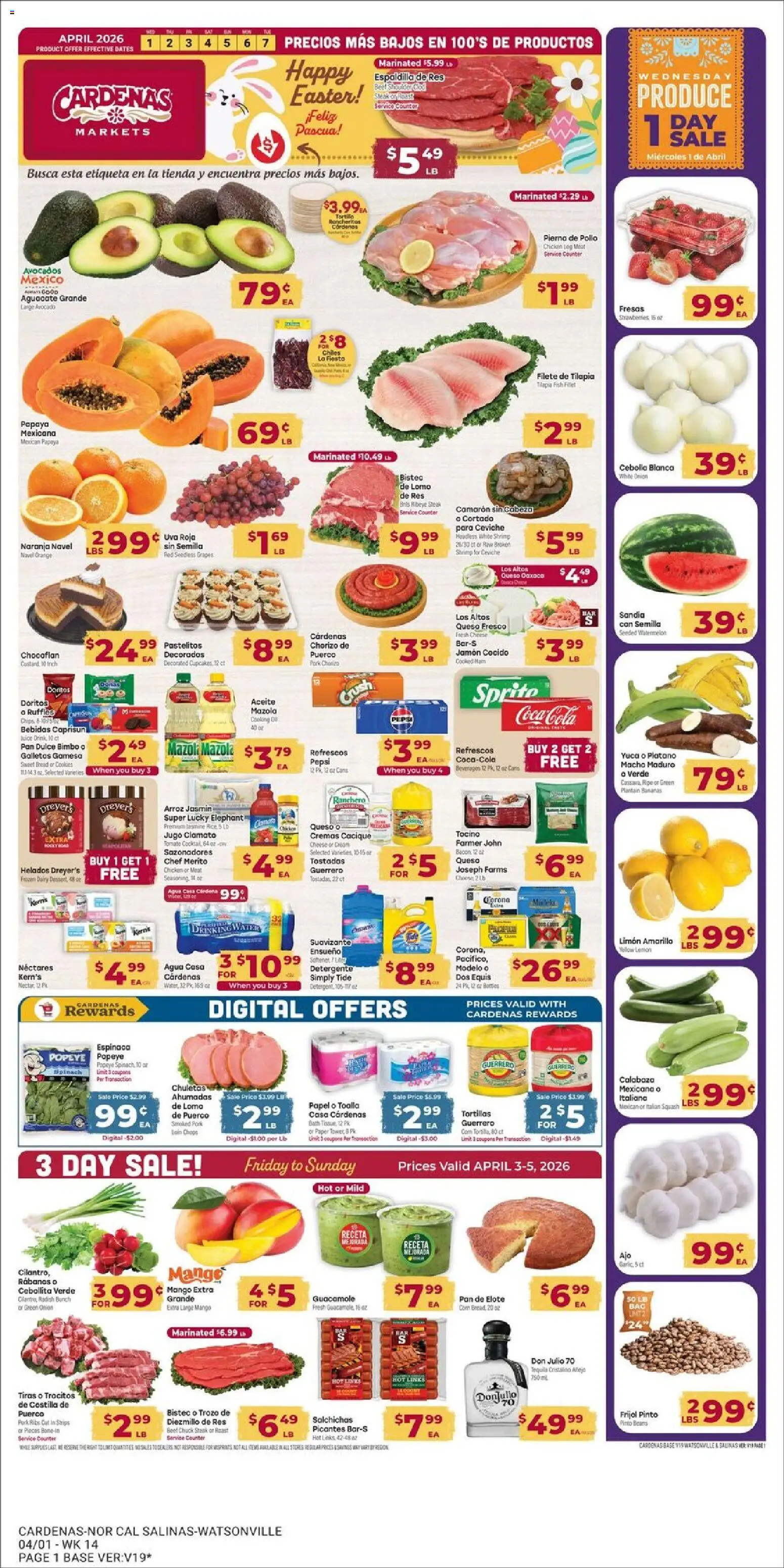 Cardenas Weekly Ad - CA - valid from 01.04.2026 | Page: 1 | Products: Cheese, Bananas, Rice, Onion