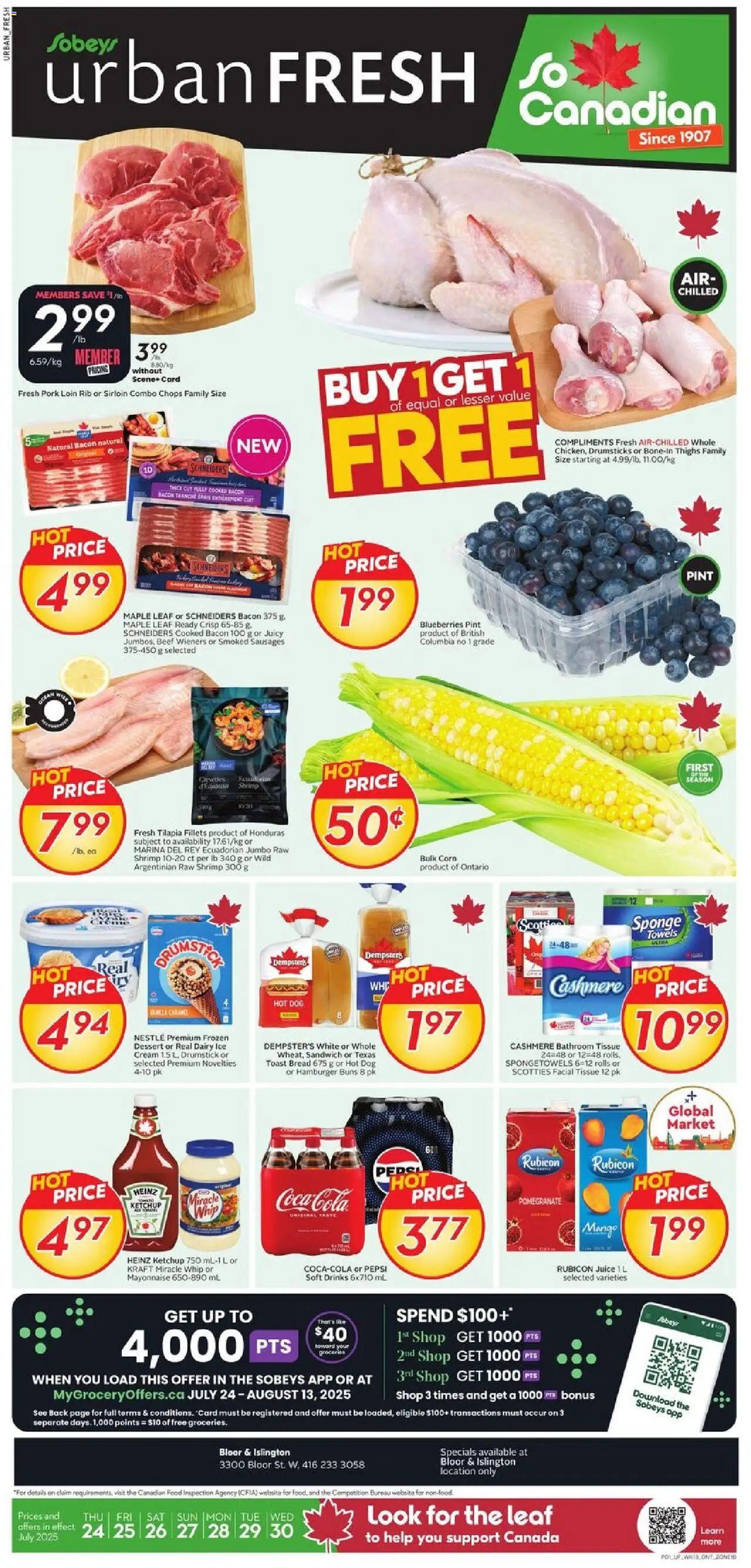 Sobeys flyer valid from 24.07.2025 | Page: 1 | Products: Beef, Cream, Sponge, Bread