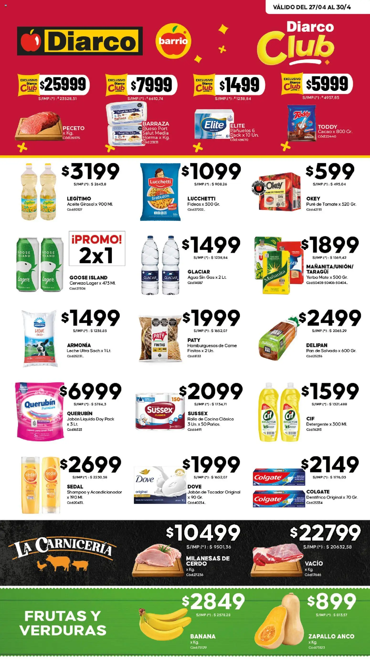 Diarco - Ofertas Diarco Barrio │ válido desde el 27.04.2026 | Página: 1 | Productos: Agua, Queso, Cerveza, Fideos