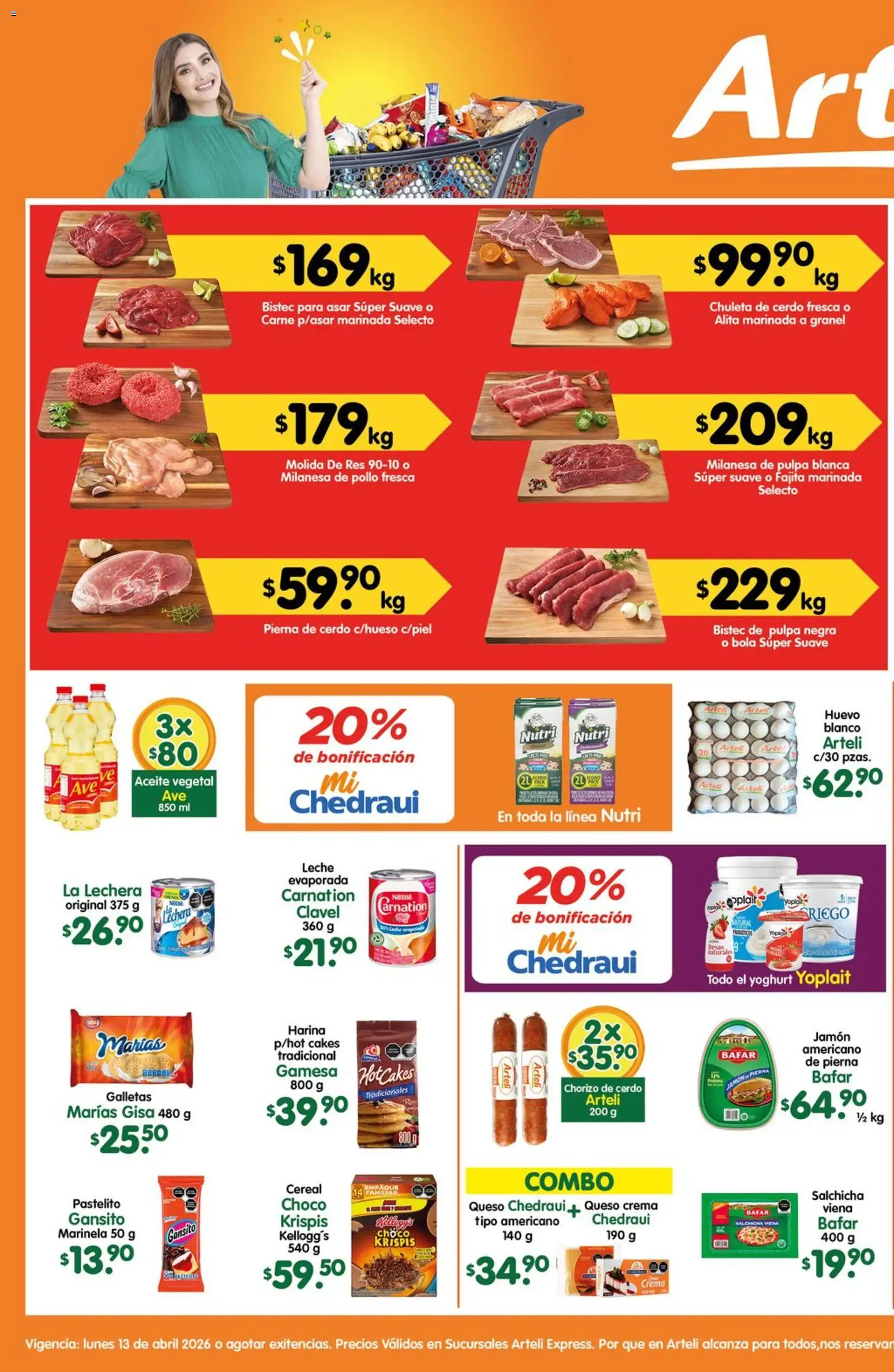 Nuevas ofertas de Arteli válidas en toda la República Mexicana desde el 13.04.2026. ¡Encuentra las mejores ofertas en Arteli folleto Express! | Página: 1 | Productos: Harina, Queso crema, Res, Chorizo